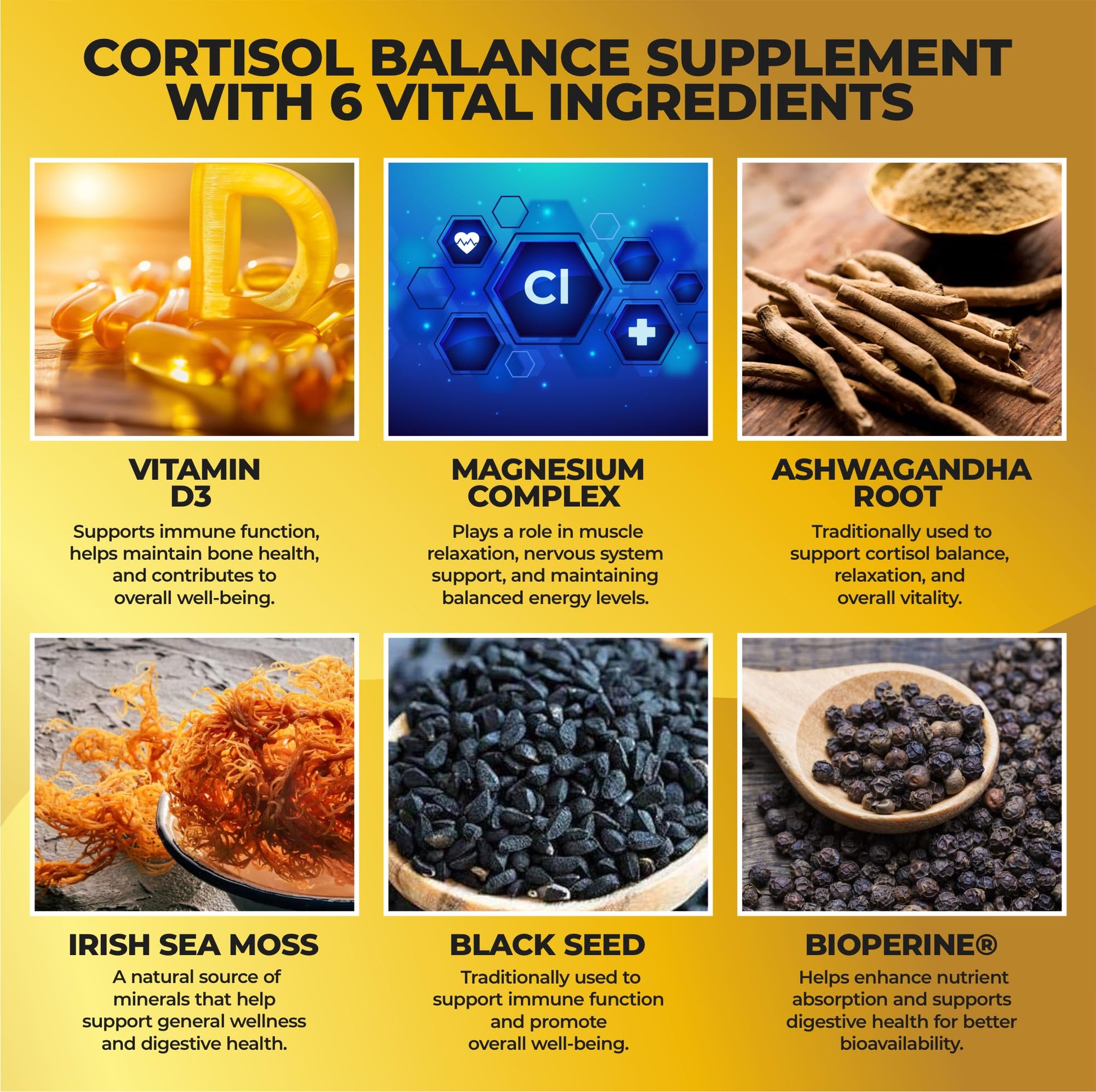 Cortisol Balance and Immune Support Supplement with Ashwagandha, Irish Sea Moss, Black Seed, Vitamin D and Magnesium Complex | Mood Enhancer | Immunity Booster | Stress Relief Pills | 90 Capsules HerbaMeAu supplements