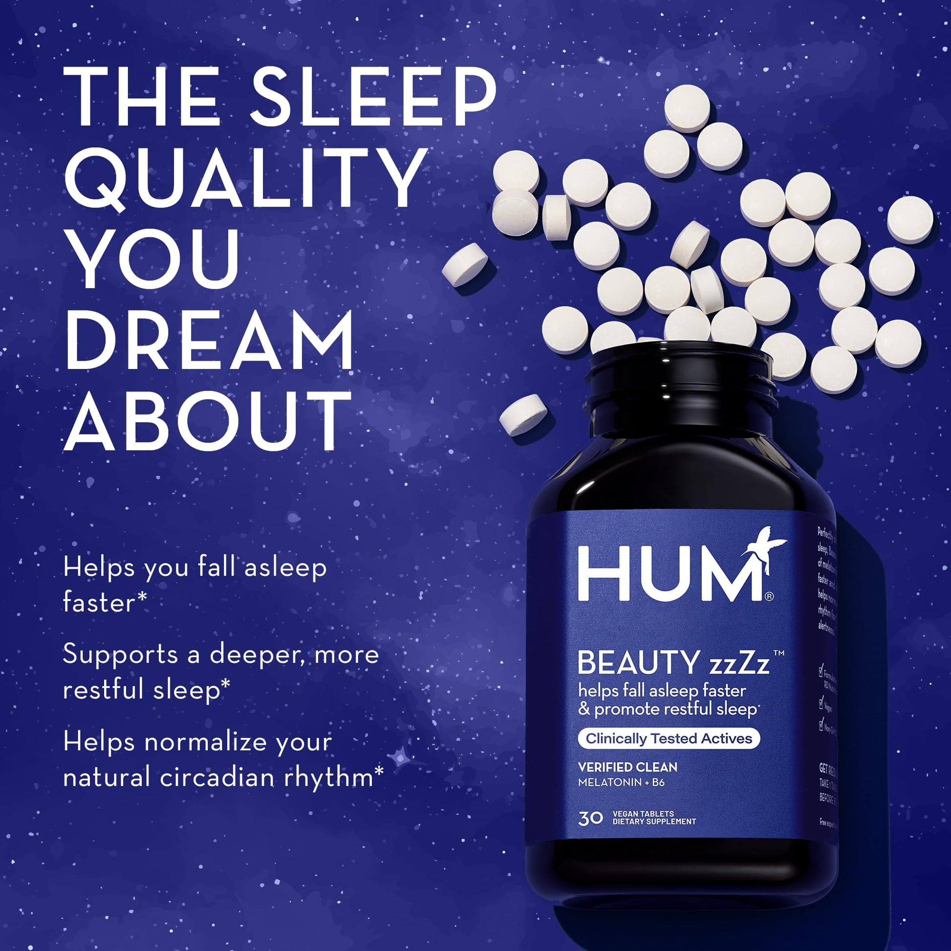 HUM Beauty zzZz Melatonin Sleep Supplement for Adults with Melatonin 3mg, Vitamin B6 and Calcium, Vegan, Gluten Free, Non GMO Sleep Support Tablets for Adults and Beauty Rest, 30 Vegan Tablets HUMUS supplements