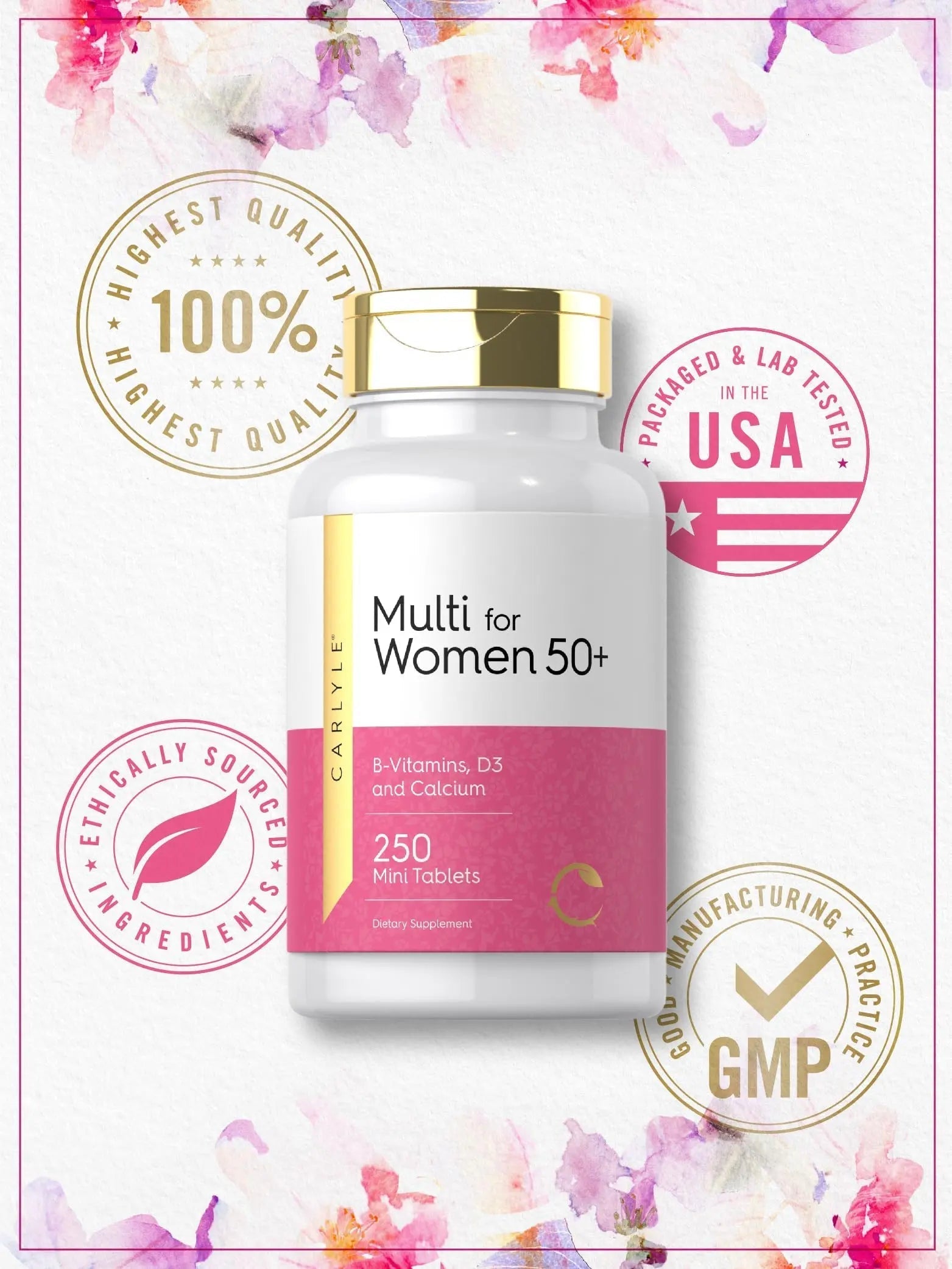 Carlyle Multivitamin for Women 50 Plus | 250 Mini Tablets | Iron Free Supplement | Vitamins A, B12, C, D3, Folate (as Folic Acid) and Calcium | CarlyleAu supplements