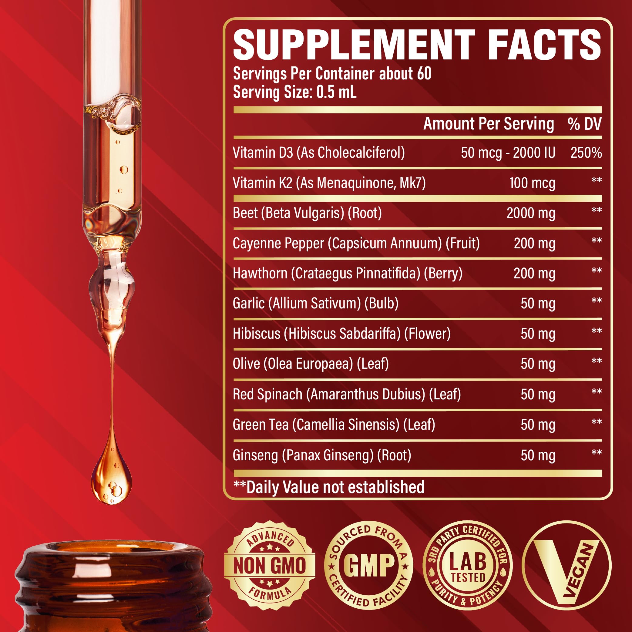 11in1 Beet Root Liquid Drops Supplement with Formula with D3, K2, Hawthorn, Red Spinach, Garlic & Green Tea and More - Supports Immune & Vitality - 1 FL Oz - for 60 Days SatoomiAu supplements