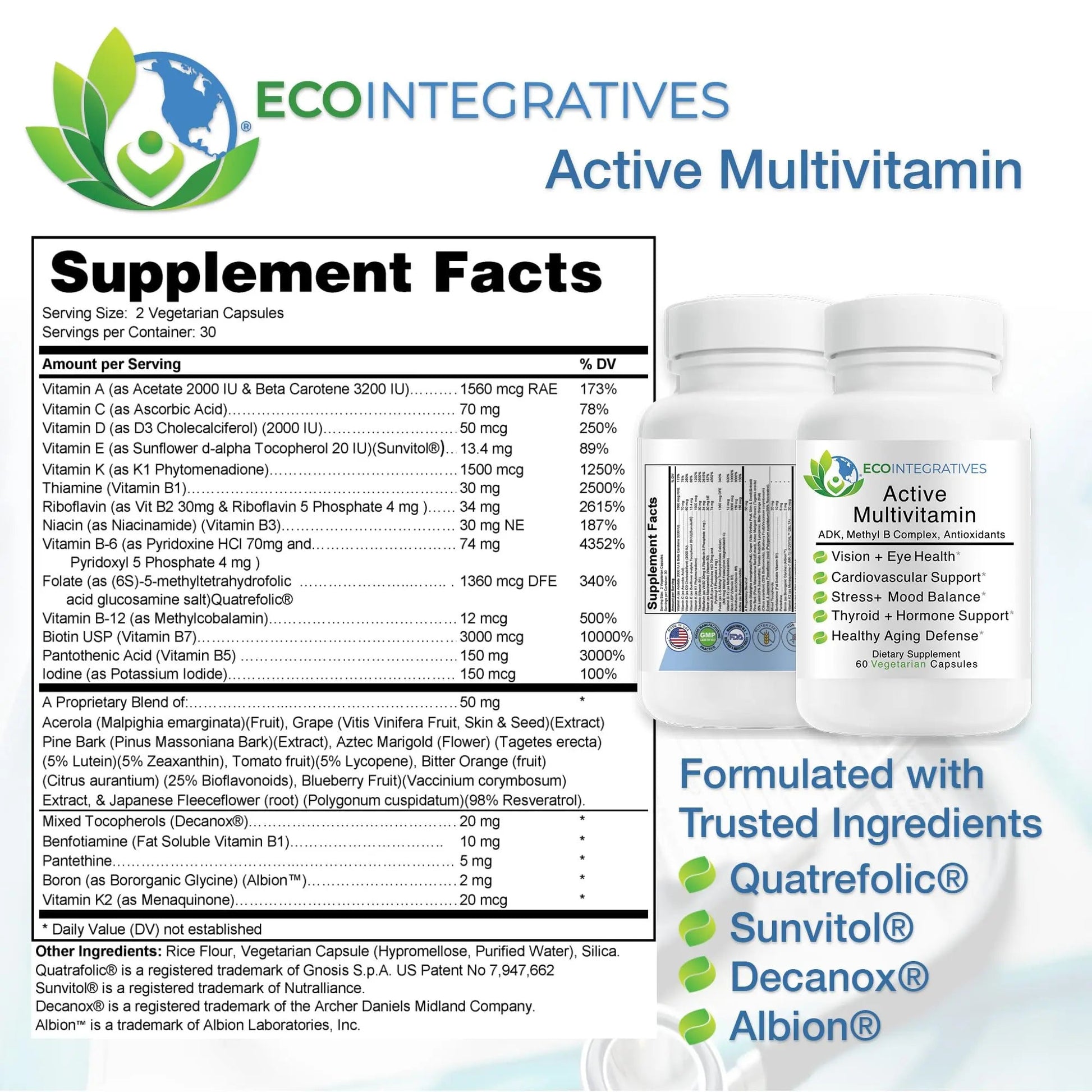 EcoIntegratives Active Multivitamin | ADK, Methyl B Complex, Antioxidants | Quatrefolic Folate, Methyl B12, P5P, Vitamin D3, K1/K2 | EcoIntegrativesAu supplements