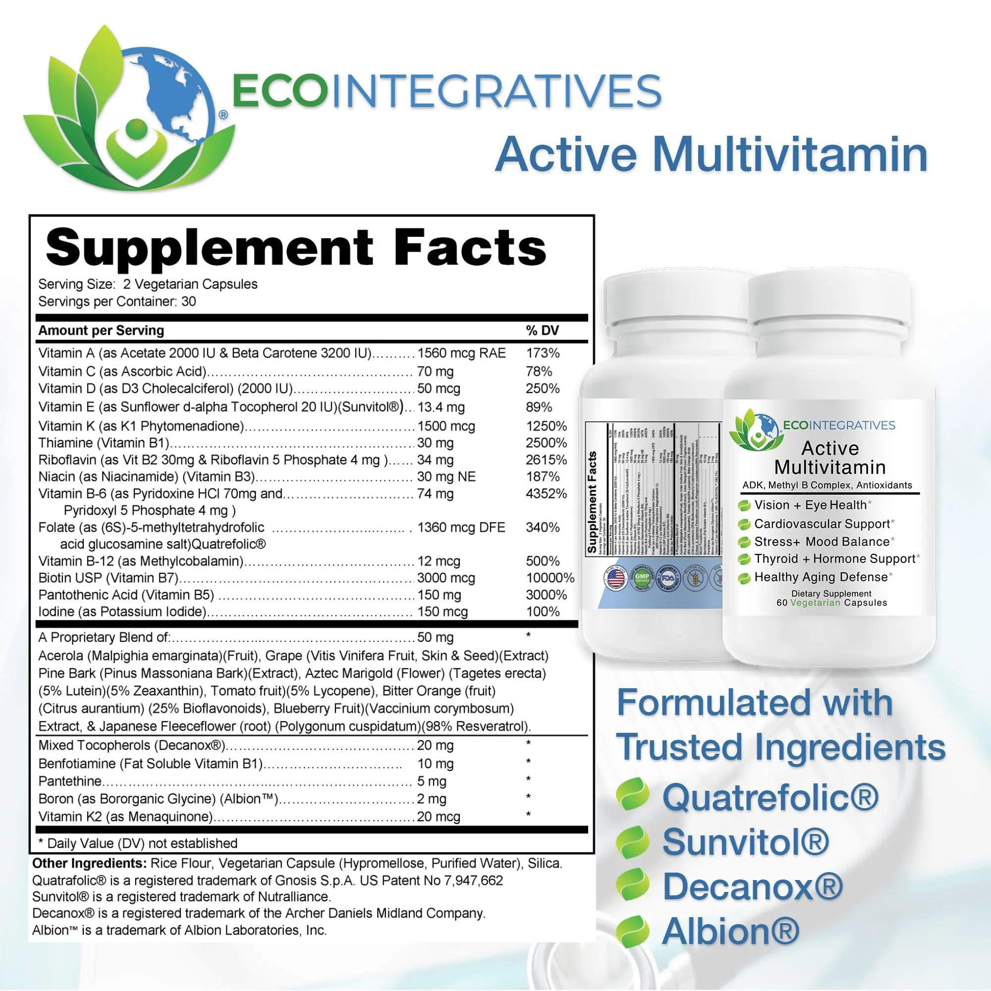 EcoIntegratives Active Multivitamin | ADK, Methyl B Complex, Antioxidants | Quatrefolic Folate, Methyl B12, P5P, Vitamin D3, K1/K2 | EcoIntegrativesAu supplements