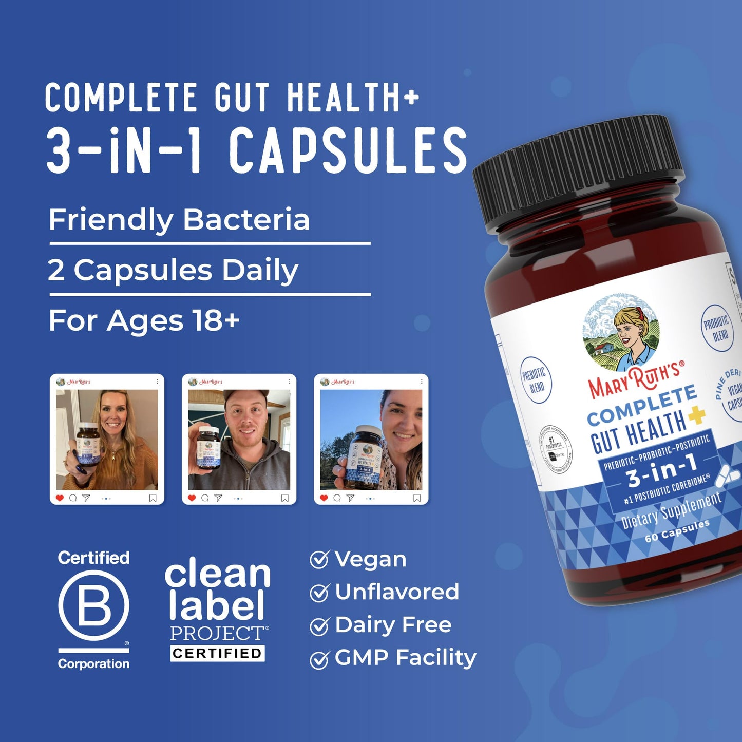 MARYRUTH'S Complete Gut Health+ Capsules | 5 Probiotic Blend | Butyrate | Corebiome® | Vegan Gut Support | Support Gastrointestinal Health & Microbiome MARYRUTH'SUS supplements
