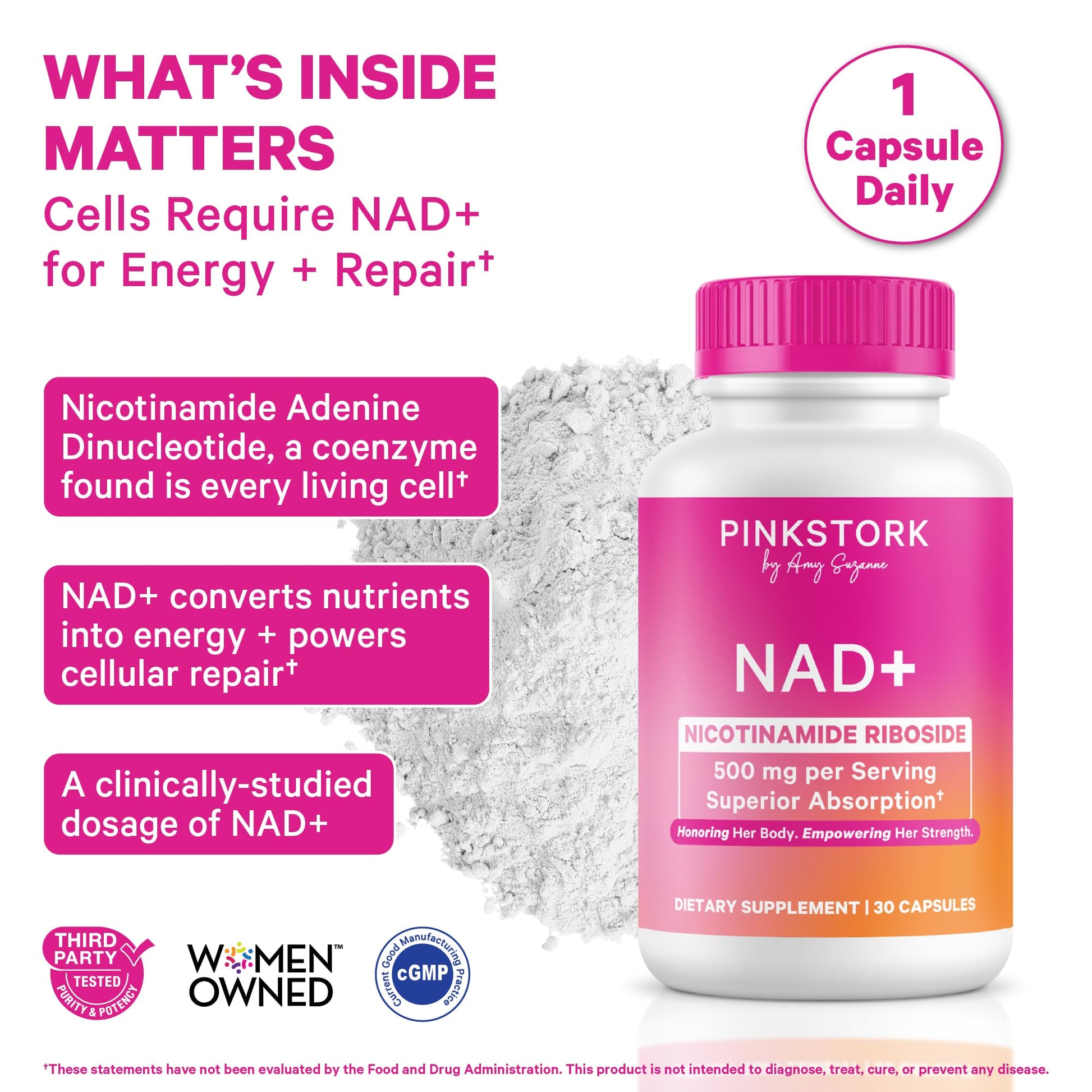 Pink Stork NAD+ Supplement for Women | 500mg Nicotinamide Riboside NR | Clinically-Studied Pure NMN Powder | Brain + Cognitive Support |Energy, Skin Essentials Over 30 | 1 Month Supply Pink StorkAu supplements