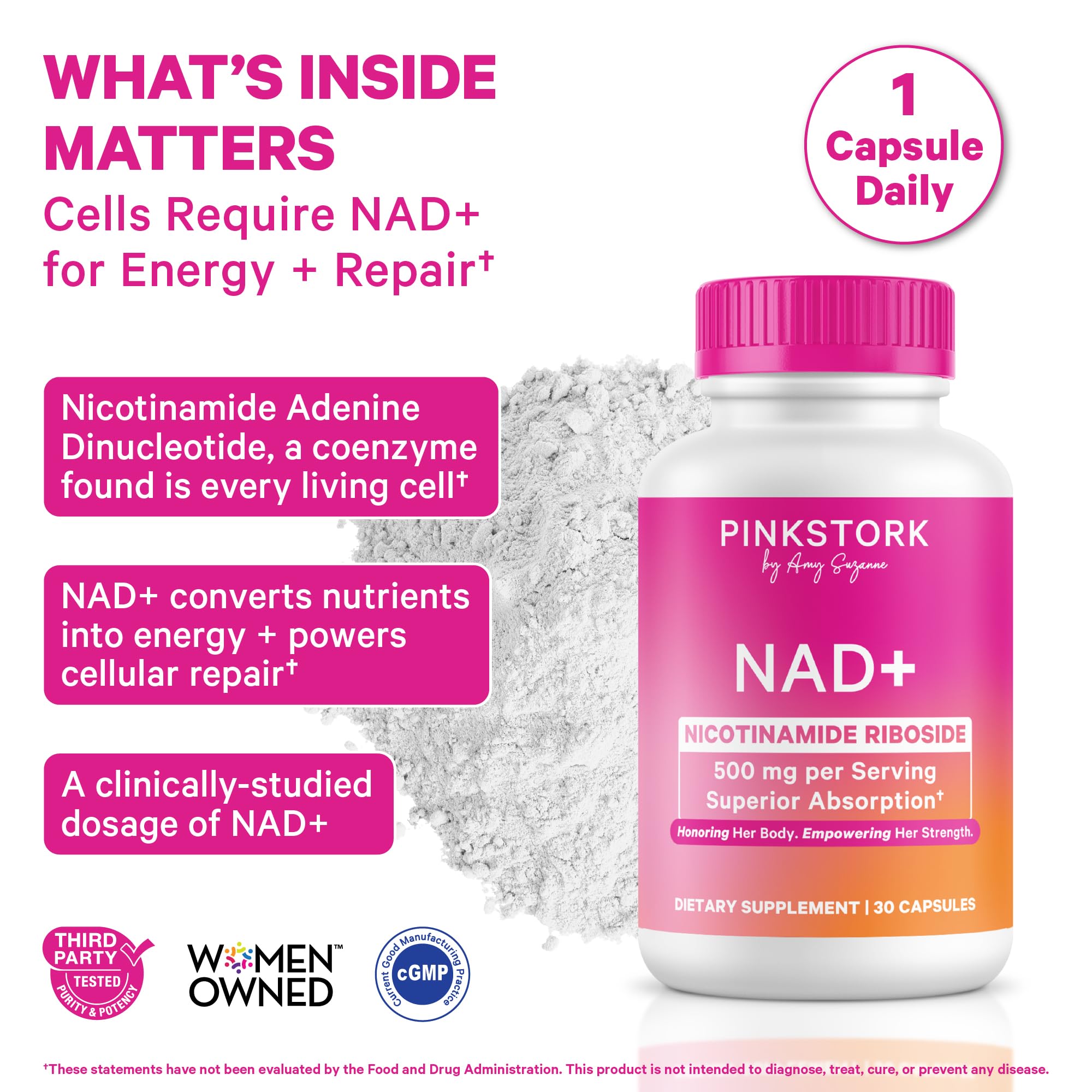 Pink Stork NAD+ Supplement for Women | 500mg Nicotinamide Riboside NR | Clinically-Studied Pure NMN Powder | Brain + Cognitive Support |Energy, Skin Essentials Over 30 | 1 Month Supply Pink StorkAu supplements