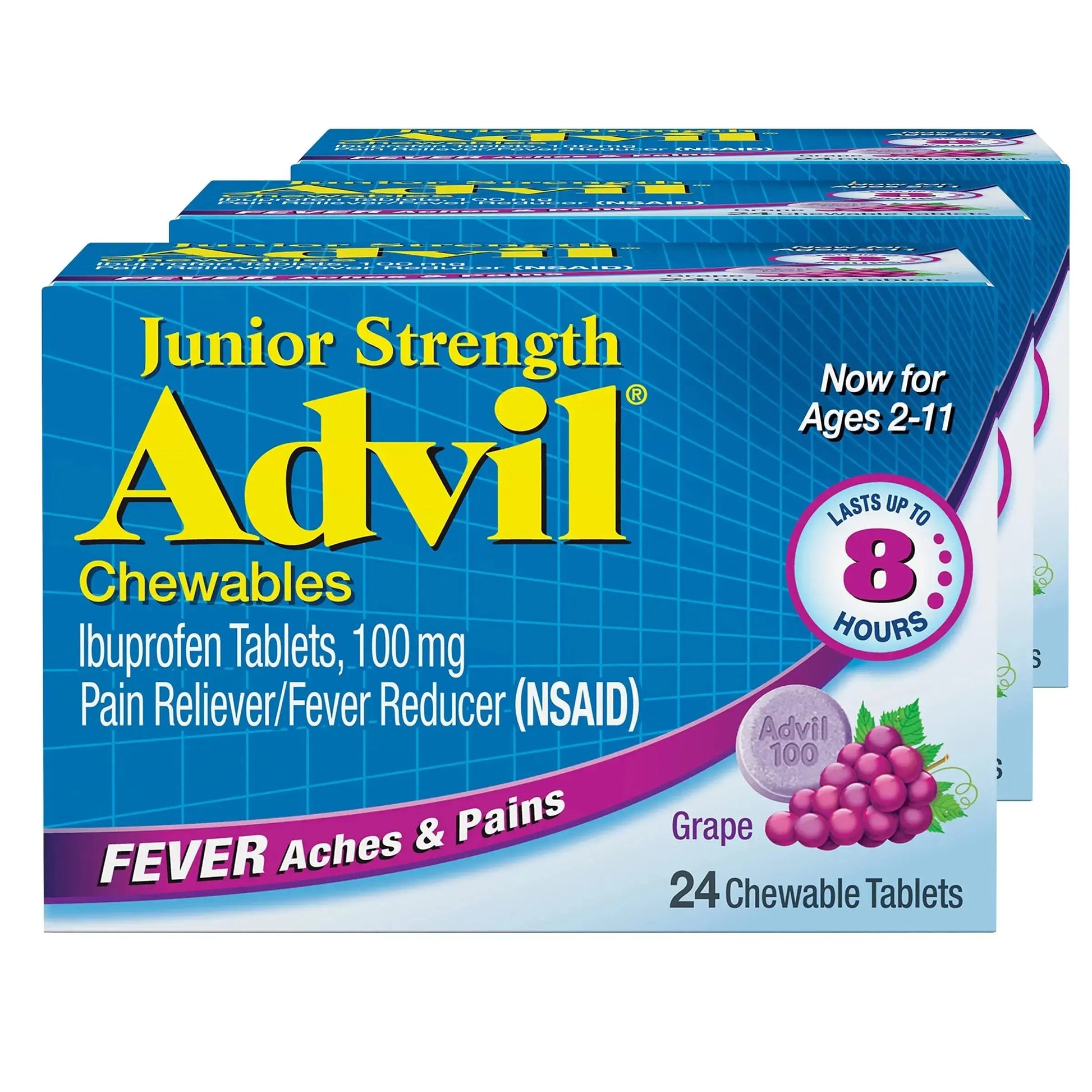 Advil Junior Strength Chewable Ibuprofen Pain Reliever and Fever Reducer, Children's Ibuprofen for Pain Relief, Grape - 24 Tablets (Pack of 3) AdvilAu supplements