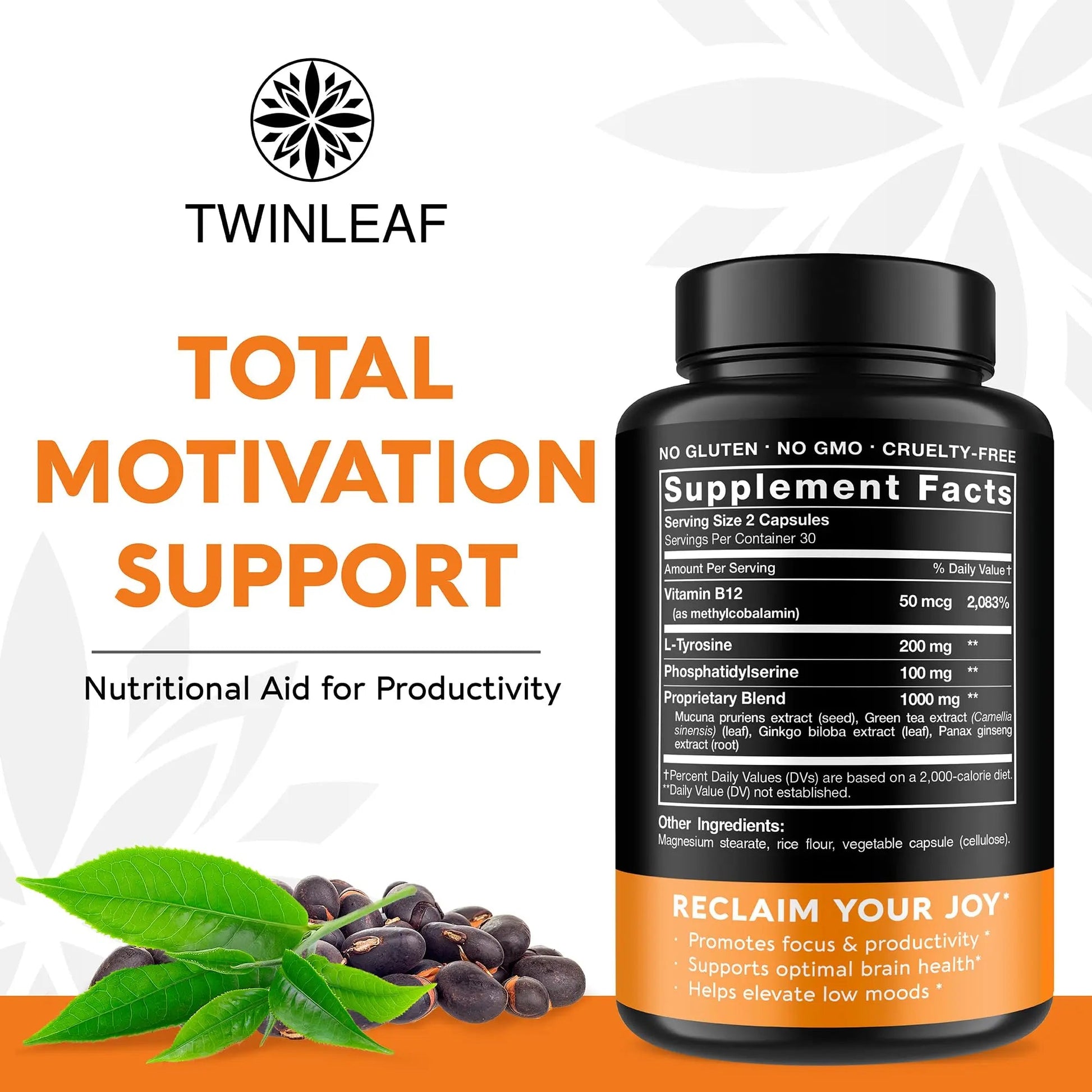 TWINLEAF Dopamine Brain Support Supplement, 1000 mg Blend - Made in USA - with DMAE, Vitamin B12 and L-Tyrosine TWINLEAFAu supplements