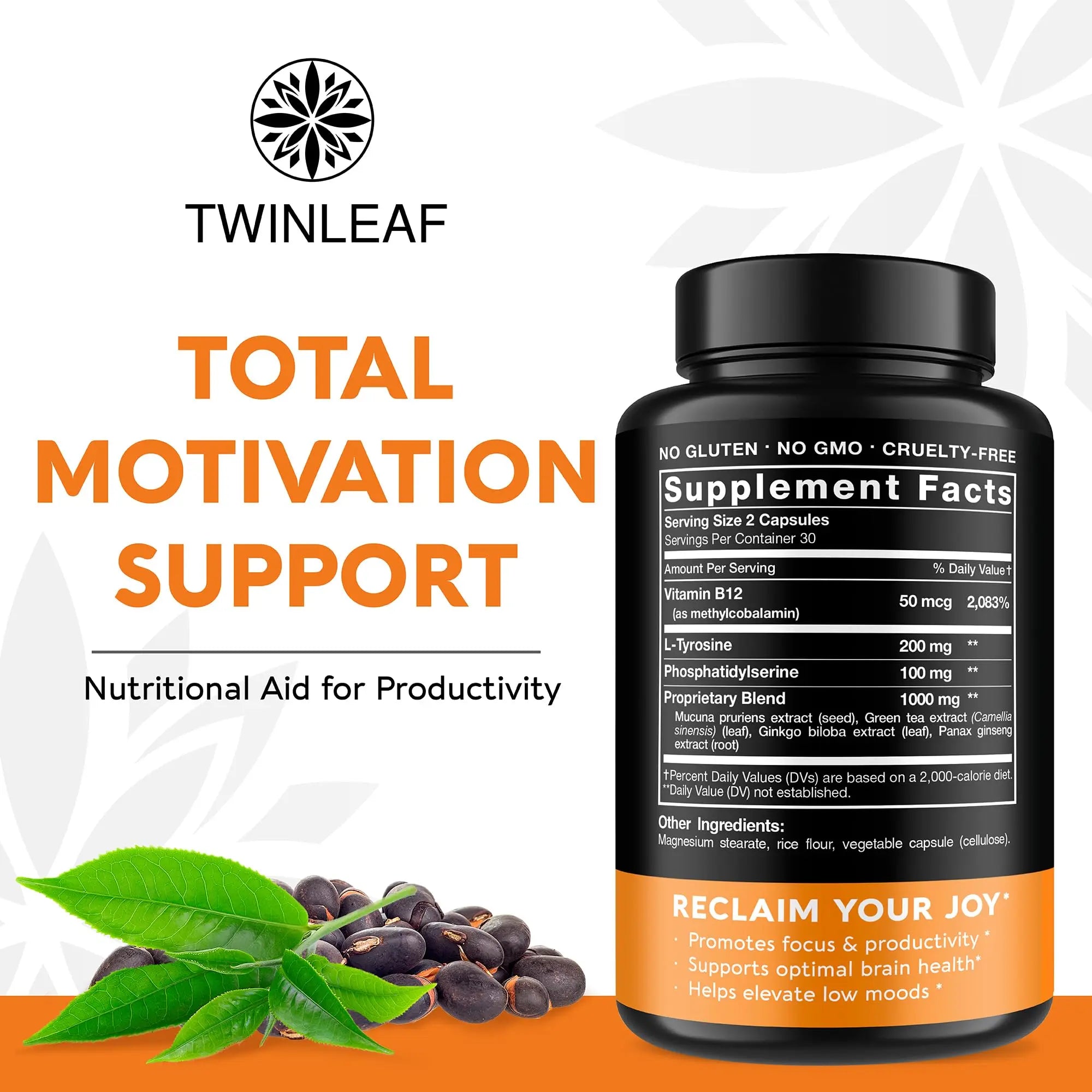 TWINLEAF Dopamine Brain Support Supplement, 1000 mg Blend - Made in USA - with DMAE, Vitamin B12 and L-Tyrosine TWINLEAFAu supplements