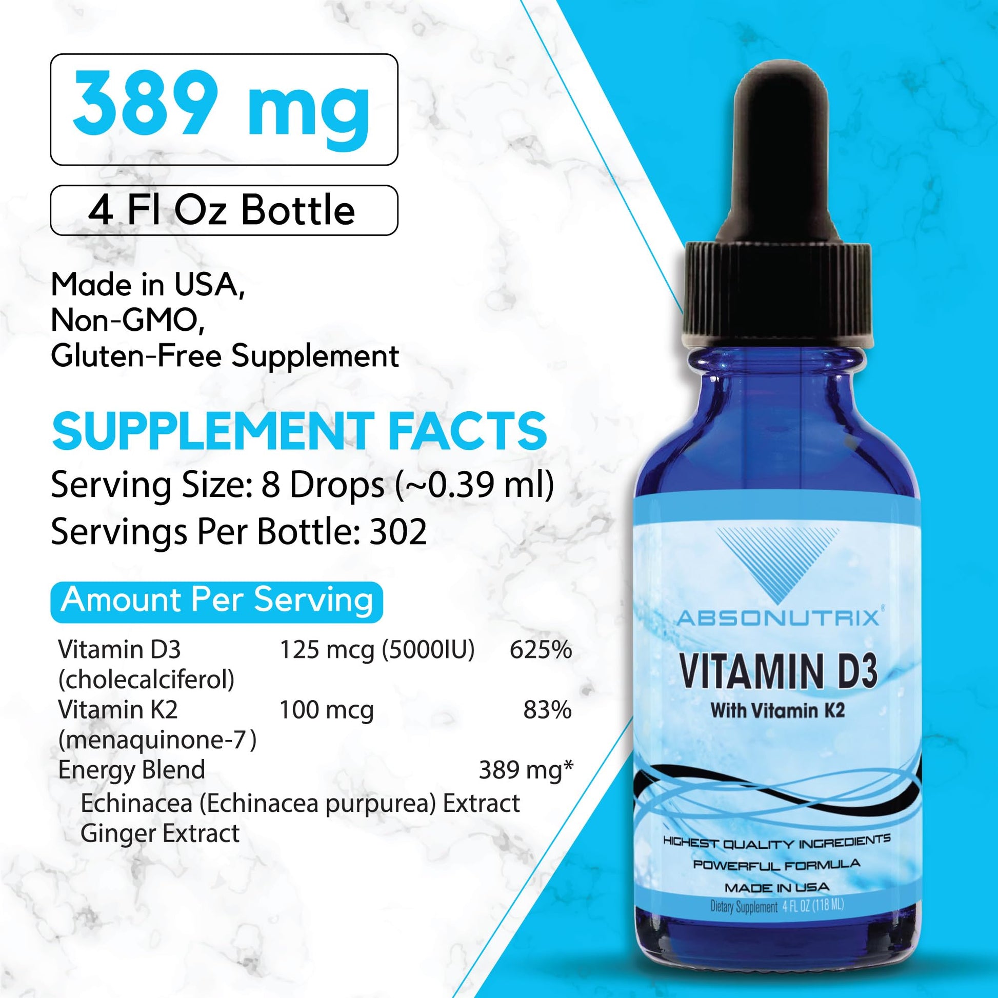 Absonutrix Vitamin D3 K2 Drops, 390mg, 4 Oz Liquid, 302 Servings, Made in USA, Quick Absorption, Quality Potent Ingredients, Non-GMO, GMP Certified, Cruelty-Free Products, Bone Strength Supplements AbsonutrixAu supplements