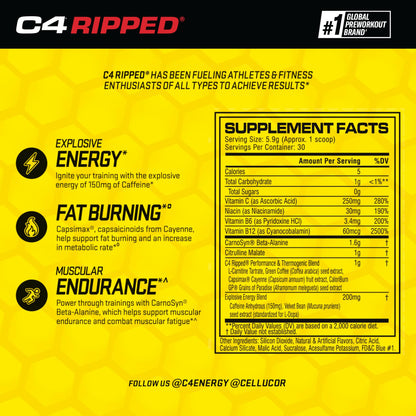 Cellucor C4 Ripped Pre Workout Powder ICY Blue Razz | Creatine Free + Sugar Free CellucorUS supplements
