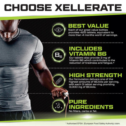 BCAA 1000mg - 425 Vegan Tablets - 3000mg Daily Serving - 141 Day Supply - 2:1:1 BCAAs Xellerate NUTRITIONUS supplements