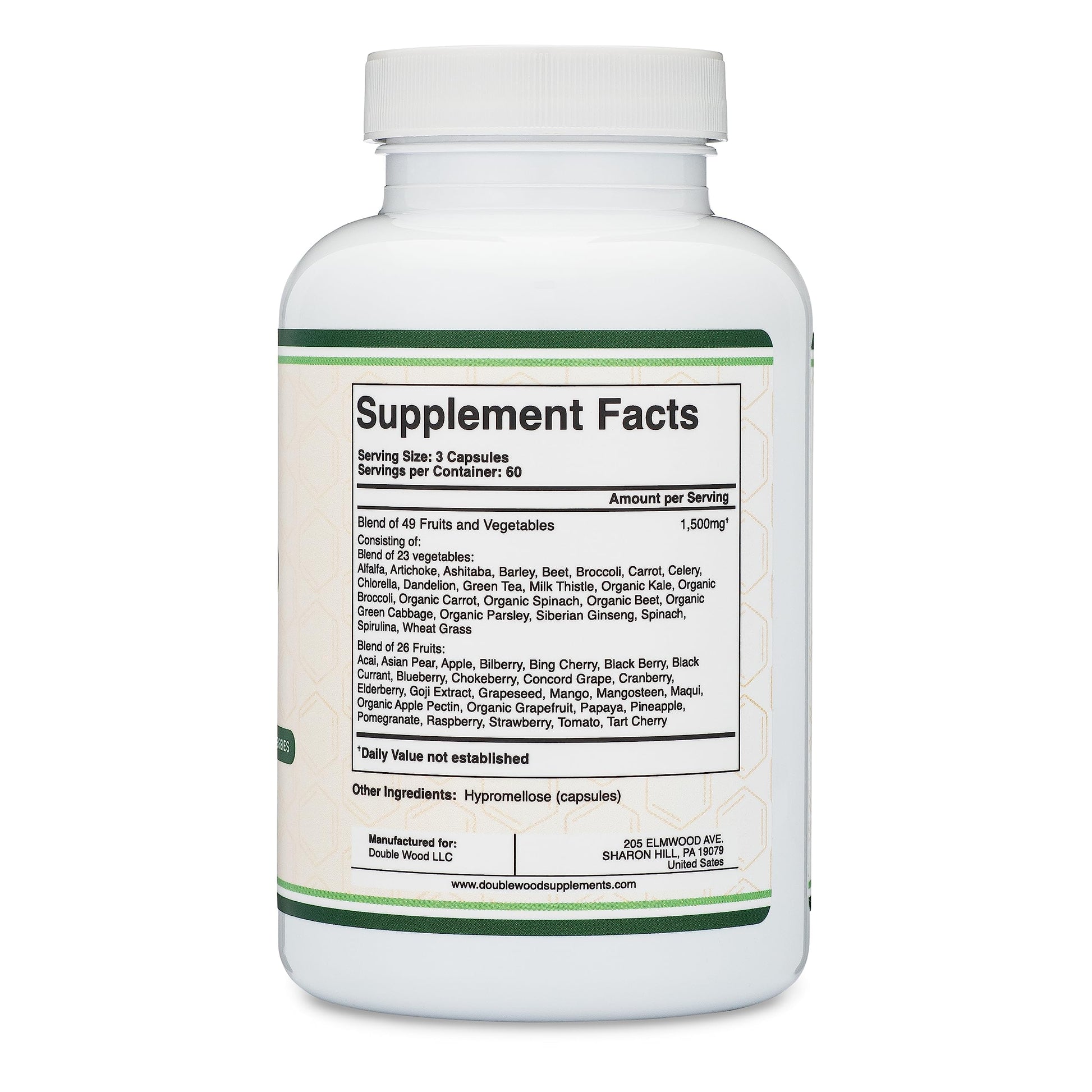 Fruits and Veggies Supplement (Daily Blend of 49 Different Fruits and Vegetables, 23 Veggies and 29 Fruits) 1,500mg Servings, 180 Capsules (No Fillers, Vegan Safe, Non-GMO) by Double Wood Double Wood SupplementsAu supplements