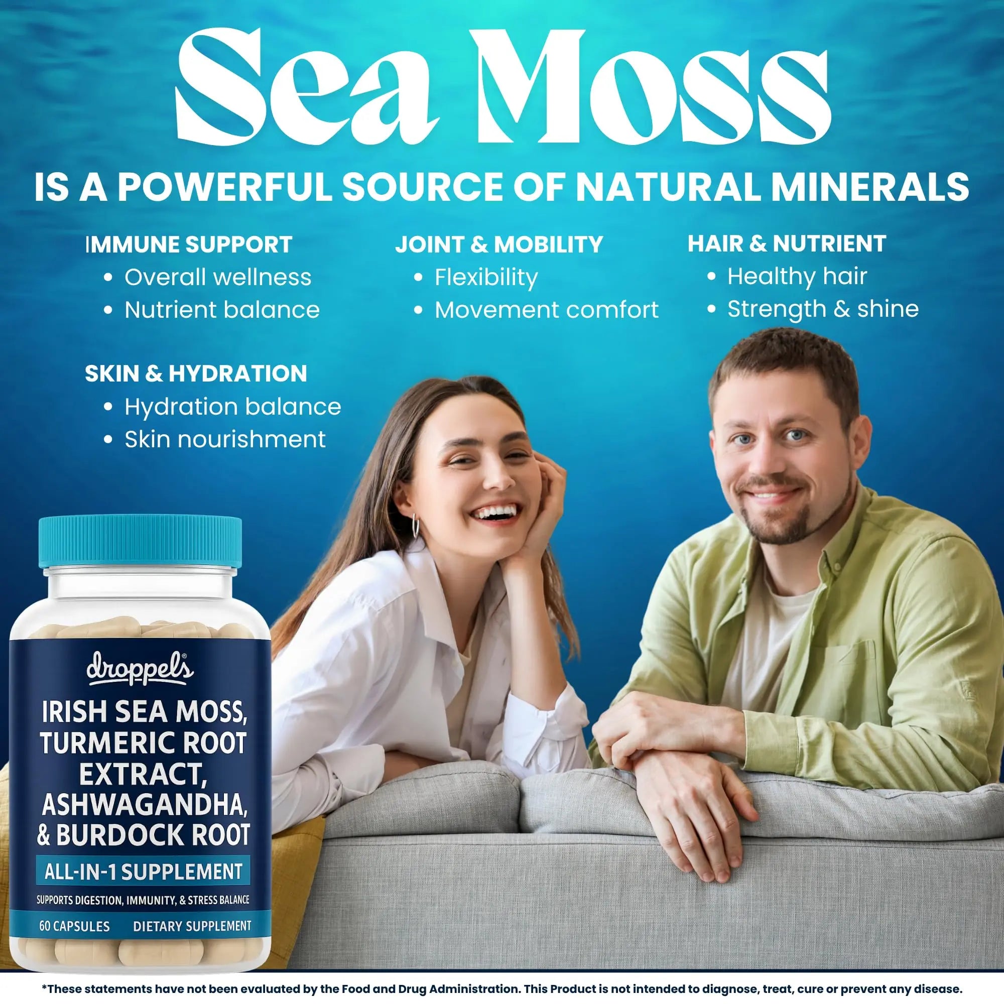 Droppels Irish Sea Moss Capsules with Turmeric Root, Ashwagandha, Black Pepper & Burdock Root – Natural Mineral Blend for Immune, Digestion, Joint & Energy Support – Vegan, Non-GMO – 60 Capsules DroppelsAu supplements
