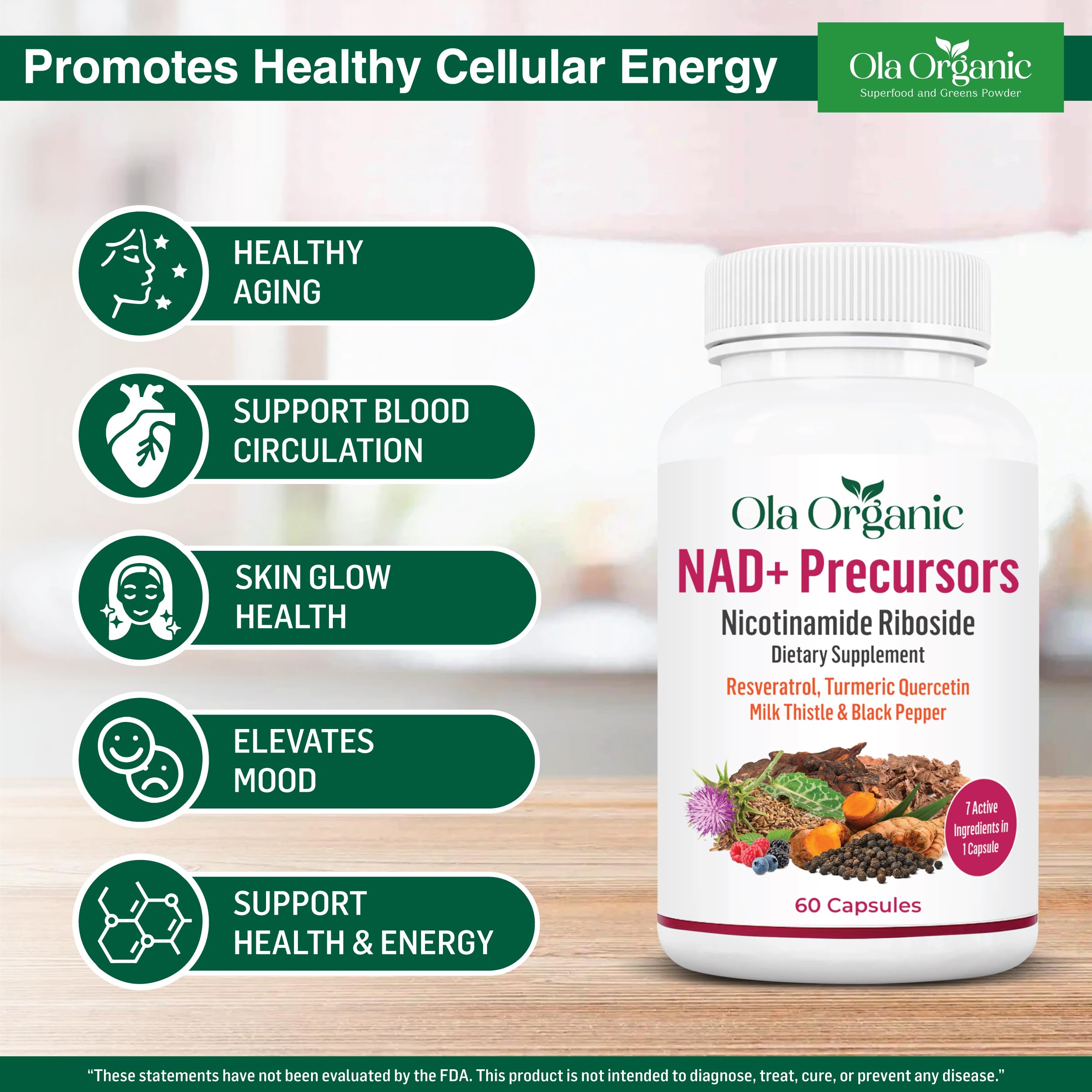 NAD+ Supplement & NAD Booster for Cellular Energy and Healthy Aging – Plant-Based Nicotinamide Riboside (NR) NAD Precursor with Resveratrol, Turmeric, Quercetin, Rhodiola & Milk Thistle – 60 Capsules Ola OrganicAu supplements