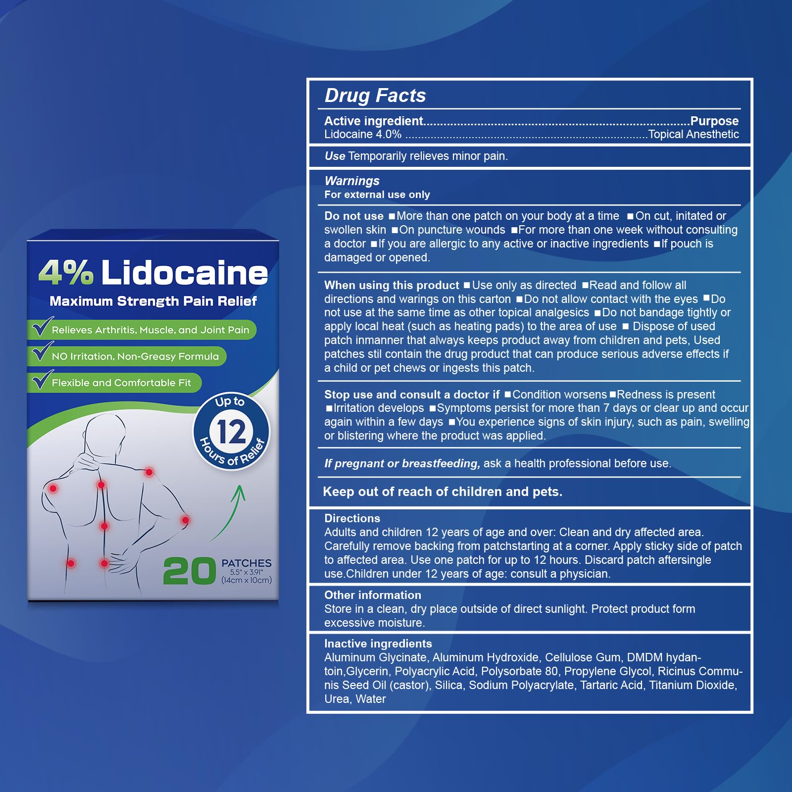 Uposiut 4% Lidocaine Patches - 20 Count Maximum Strength Lidocaine Patches, 10 Packs of 2 Patches for Muscle Pain Relief in The Neck, Shoulders, Back, Knees, and Anks, 12 Hour Pain Relief-012345 UposiutAu supplements