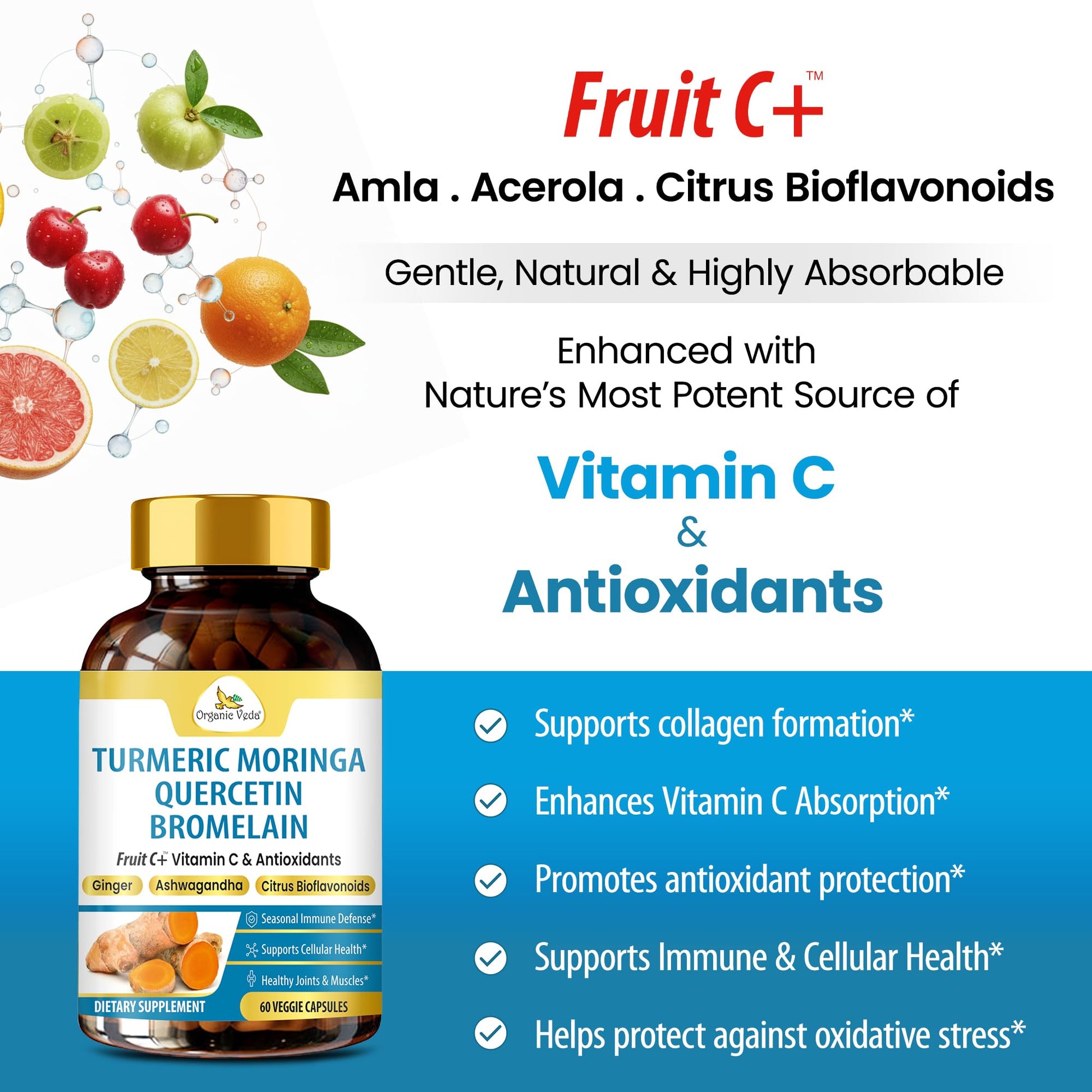 Organic Veda Turmeric Moringa Quercetin with Bromelain Capsules - Fruit C+ Vitamin C Antioxidants Immune System & Respiratory Supplement - Ashwagandha, Ginger, Citrus Bioflavonoids, 60 Vegan Capsule Organic VedaAu supplements
