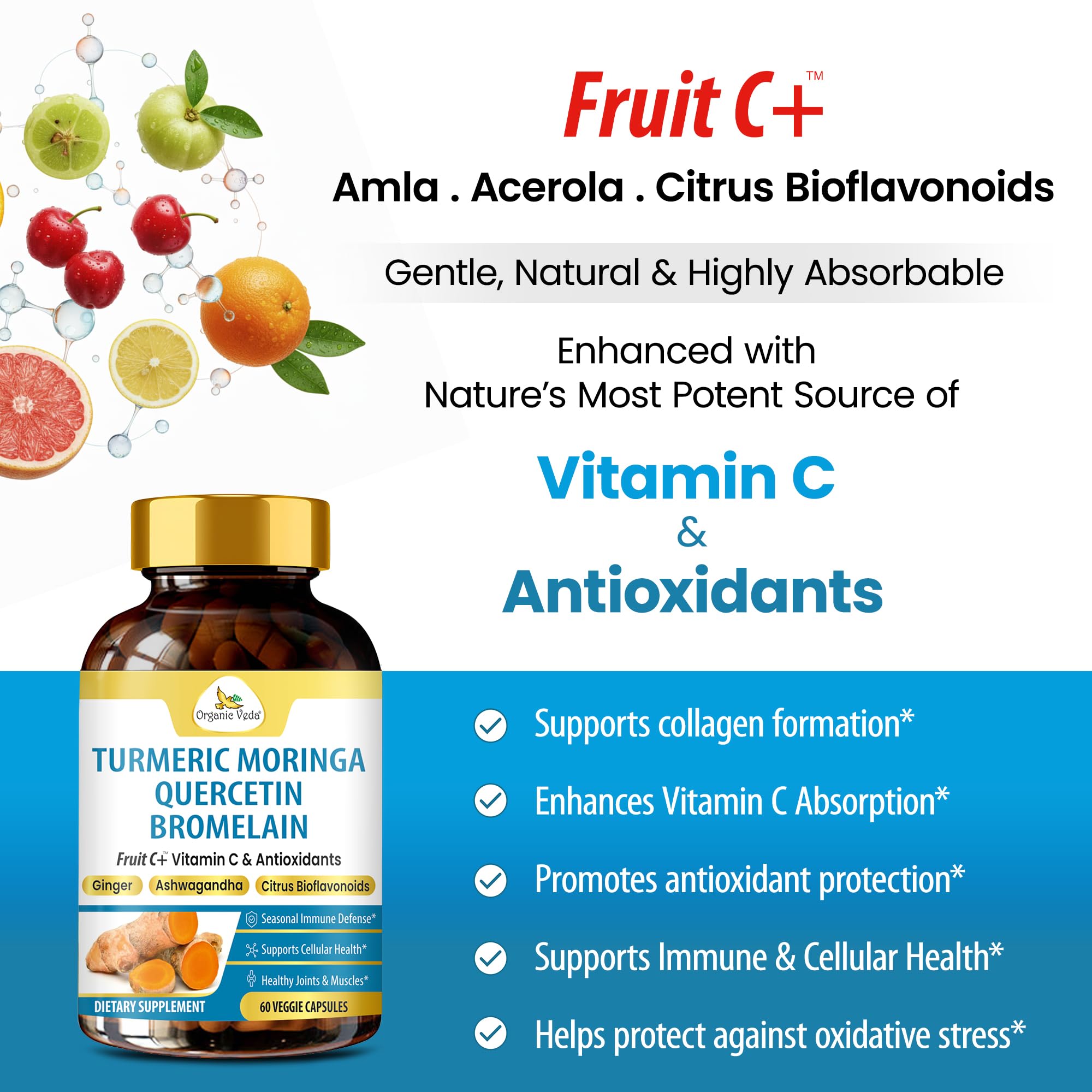Organic Veda Turmeric Moringa Quercetin with Bromelain Capsules - Fruit C+ Vitamin C Antioxidants Immune System & Respiratory Supplement - Ashwagandha, Ginger, Citrus Bioflavonoids, 60 Vegan Capsule Organic VedaAu supplements