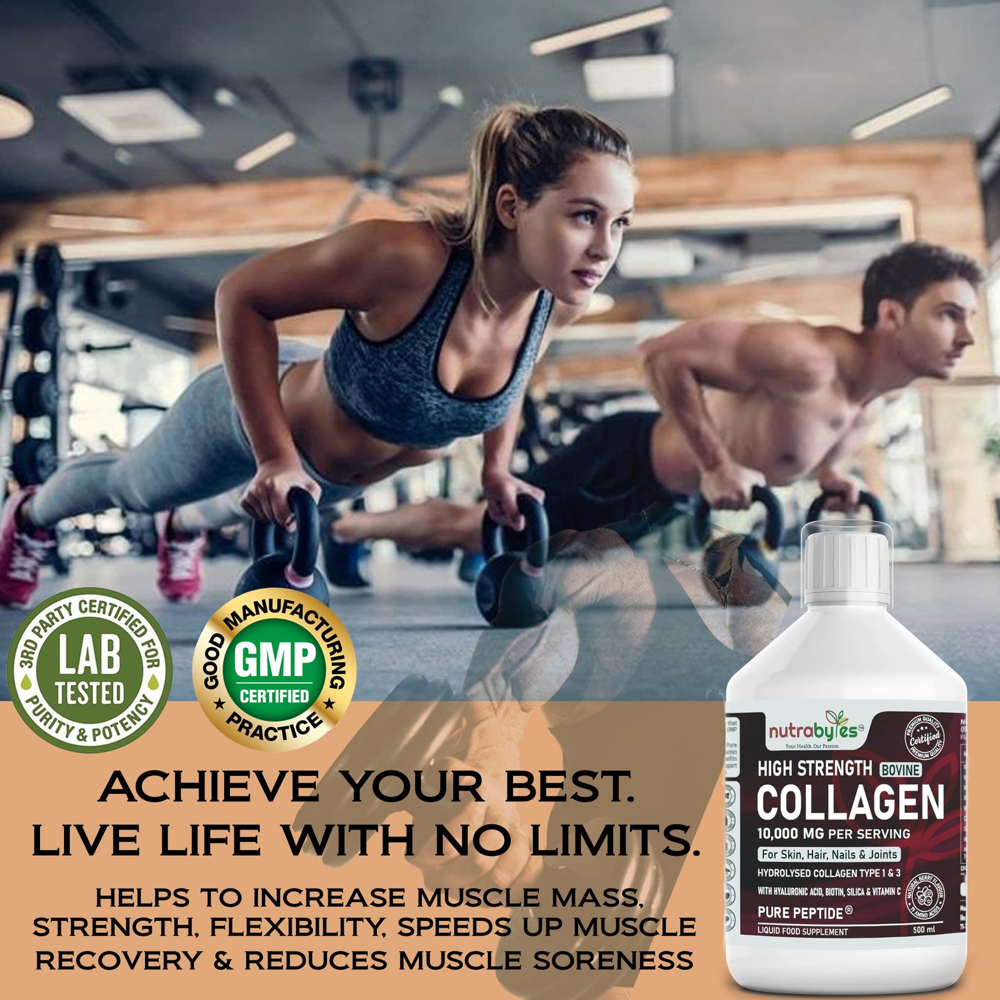 Collagen Liquid 10000mg, Hydrolysed Peptides | Hyaluronic Acid, Biotin, Silica, Vitamin C, Vitamin B12 NUTRABYTESAu supplements