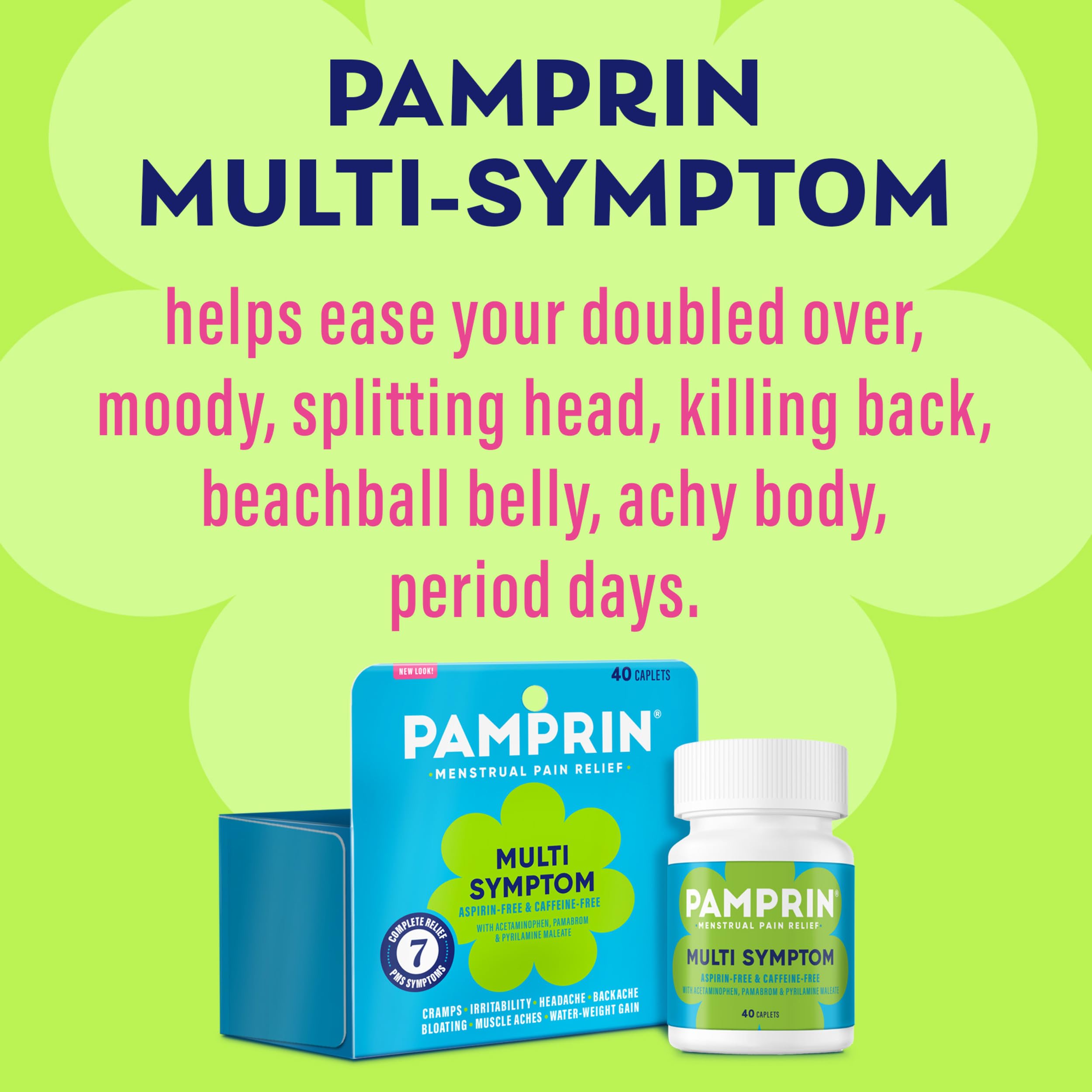 Pamprin Multi-Symptom Formula, with Acetaminophen, Menstrual Period Symptoms Relief including Cramps, Pain, Bloating, and Irritability 40 Caplets PamprinAu supplements