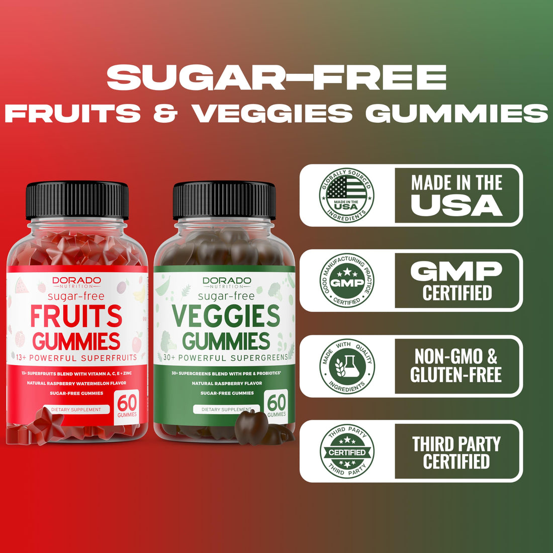 Fruit and Veggies Supplement (120 Gummies) - Premium Sugar-Free Superfood Super Green & Fruit Gummies for Adults - Immunity Support for Men & Women - Non GMO, Vegan Safe & Made in USA DORADO NUTRITIONAu supplements