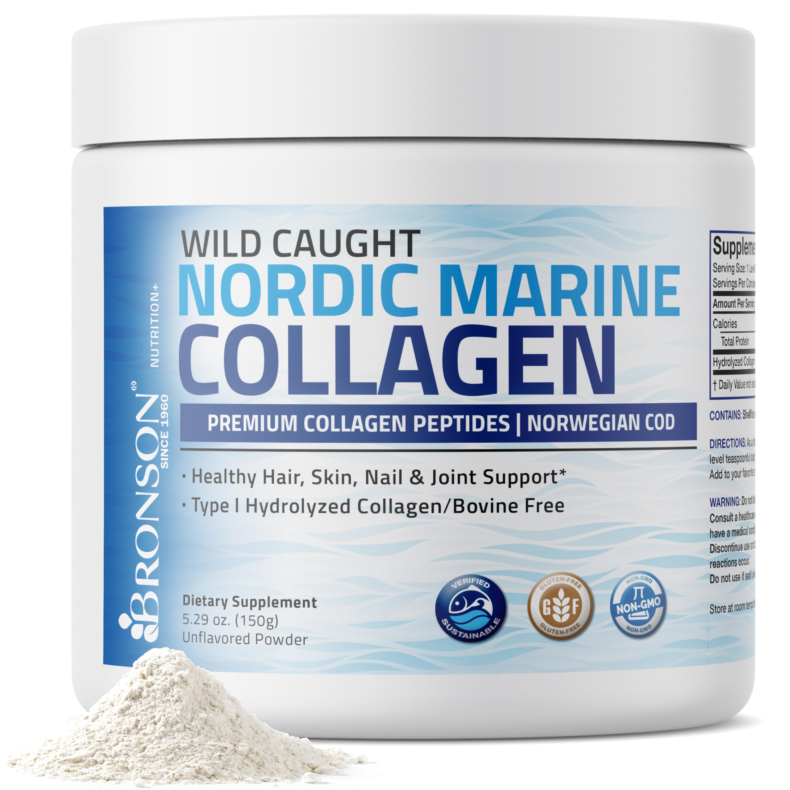 Bronson Marine Collagen Peptides Hydrolyzed Protein Powder 100% Wild Caught Nordic Cod Verified Sustainable Source for Joints Skin Hair Nails & Bones 150g (5.29oz) BronsonAu supplements