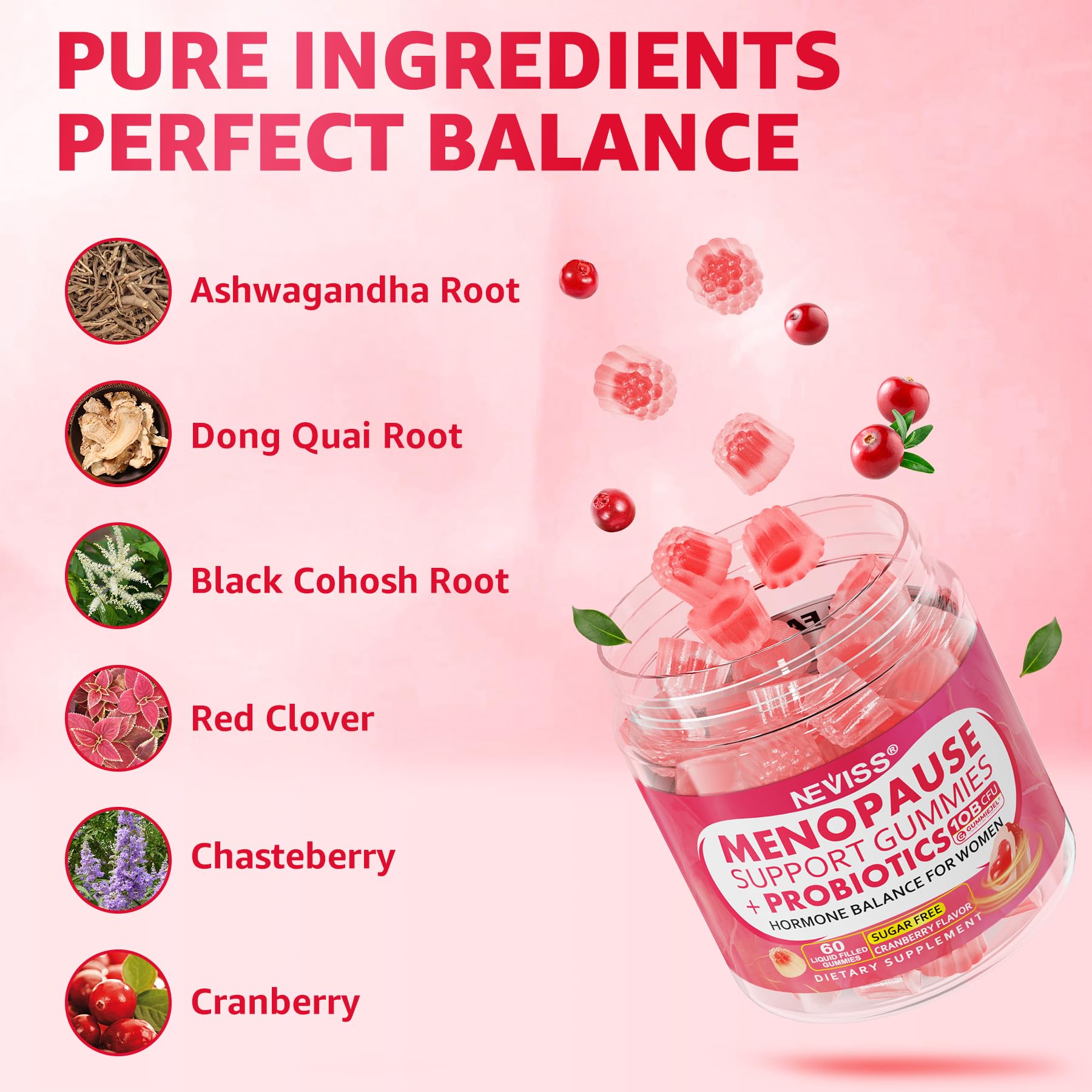 Sugar Free Menopause Supplement Gummies for Women, Menopause Probiotics (10 Billion CFU) Filled Gummy with Ashwagandha, Dong Quai & Black Cohosh for Hot Flashes, Night Sweats, Mood Swings, Gut Health NEVISSAu supplements