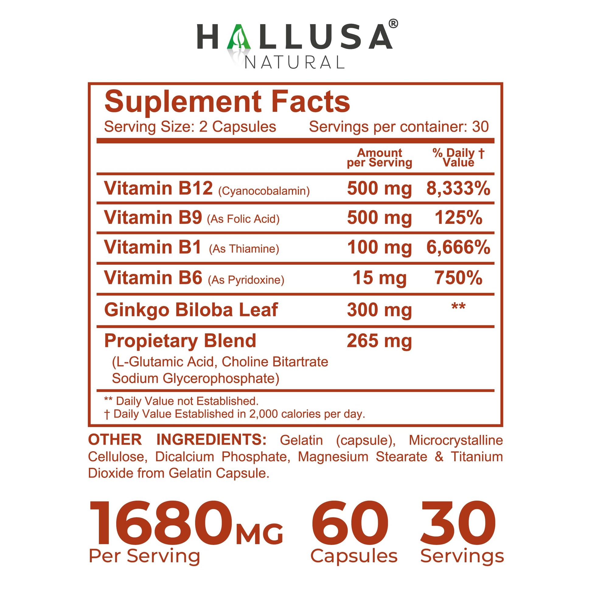 Hallusa Natural Brain Health Supplement Capsules 1680mg, Ginkgo Biloba, B Vitamins & Choline, Memory & Focus Support, Brain Booster for Men & Women, 60 Count Hallusa NaturalAu supplements
