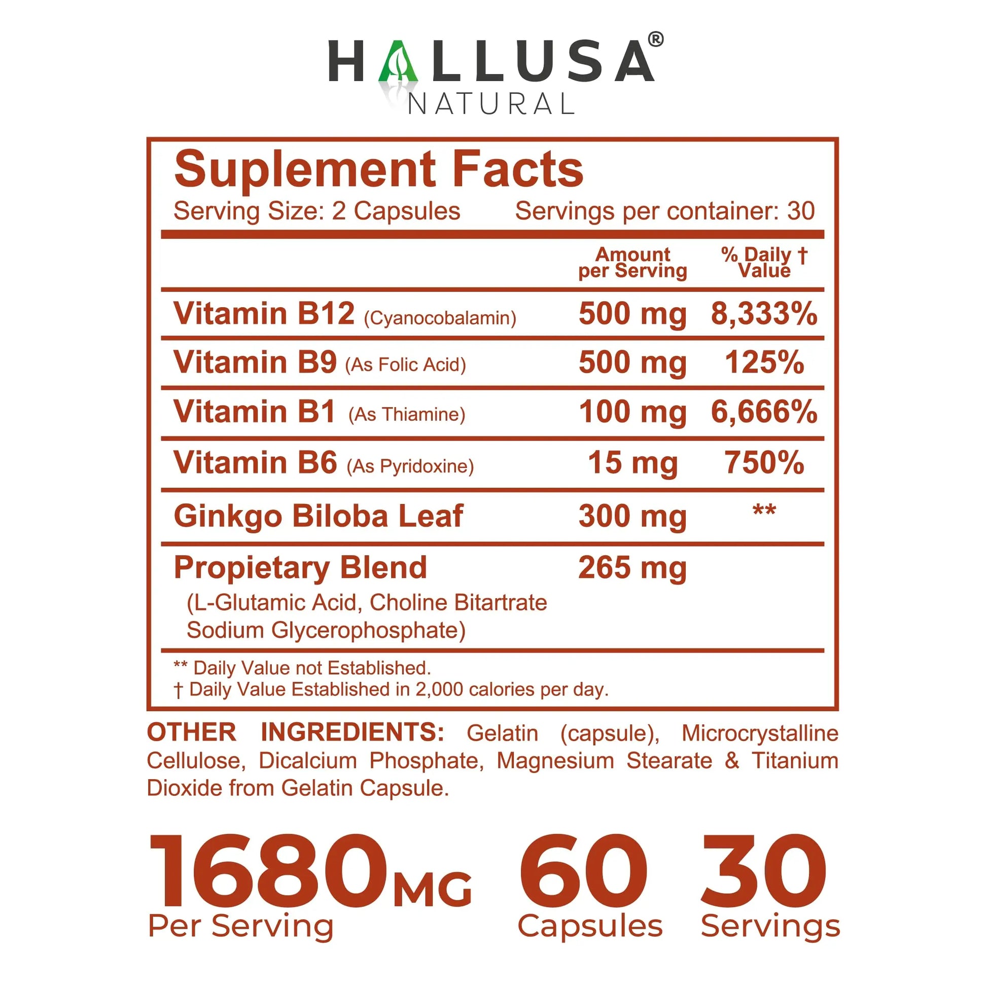 Hallusa Natural Brain Health Supplement Capsules 1680mg, Ginkgo Biloba, B Vitamins & Choline, Memory & Focus Support, Brain Booster for Men & Women, 60 Count Hallusa Naturalnz supplements