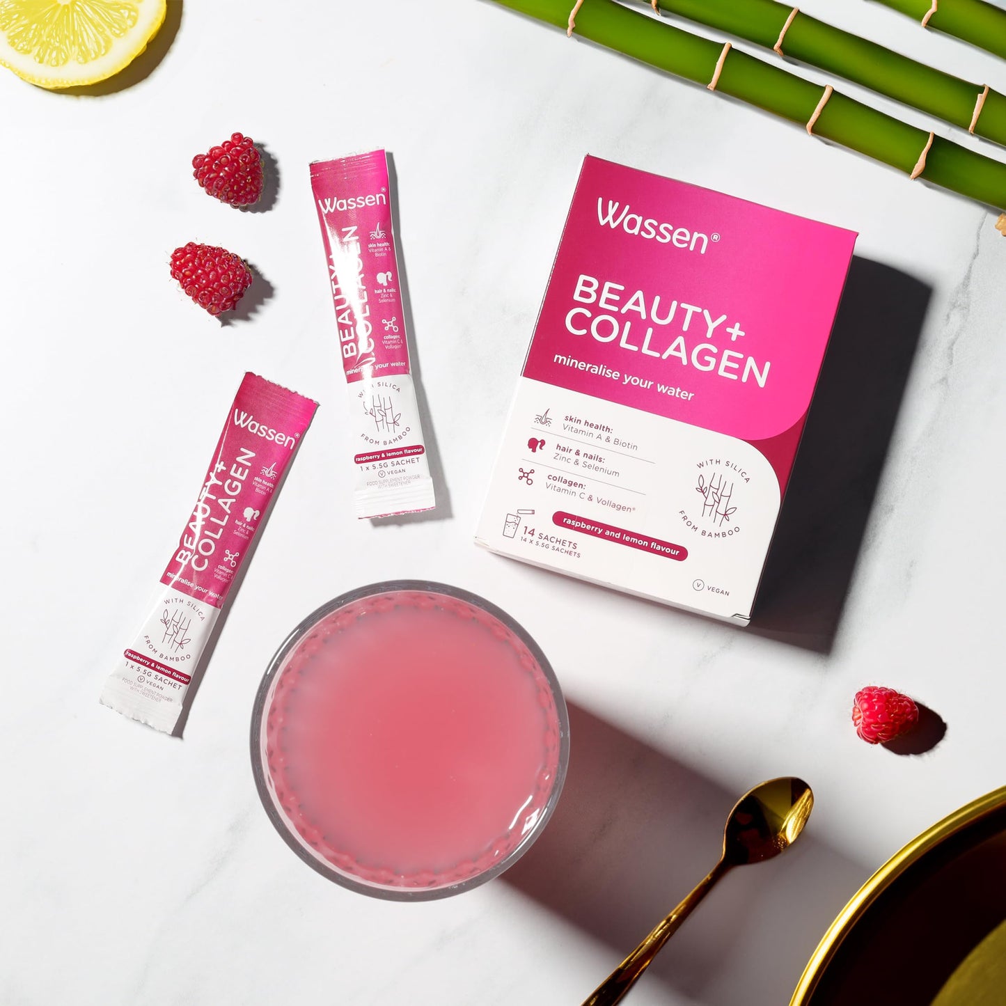 Wassen Beauty and Collagen - Plant-Based Vegan Collagen - 14 Raspberry & Lemon Flavoured Sachets WassenUS supplements