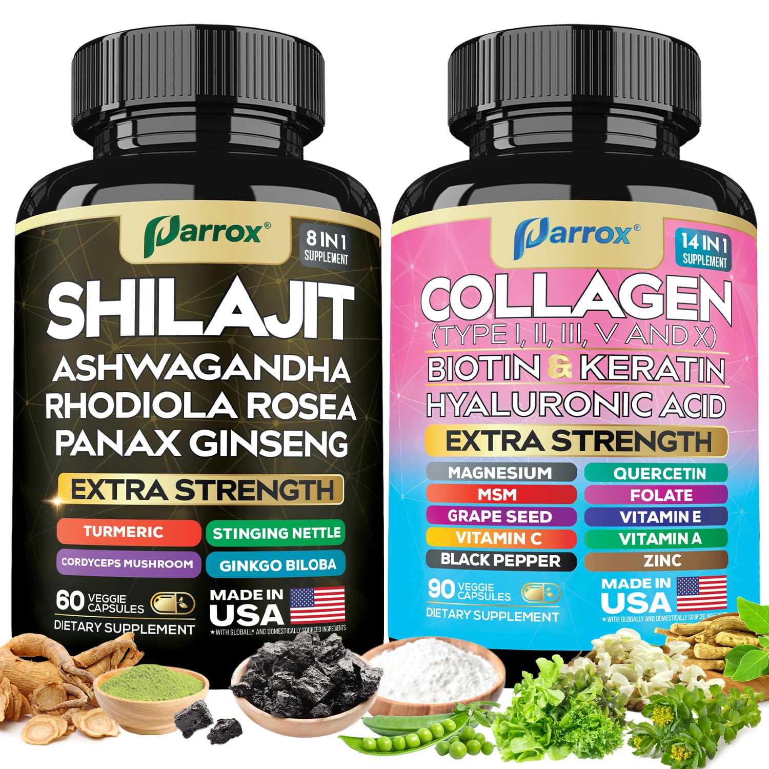 Parrox Adaptogen & Beauty Bundle – Rhodiola, Panax Ginseng, Ashwagandha, Cordyceps, Turmeric, Collagen, Biotin, Keratin, MSM, Hyaluronic Acid, Zinc, Quercetin, Vitamin C, A & E, Folate, Magnesium ParroxAu supplements