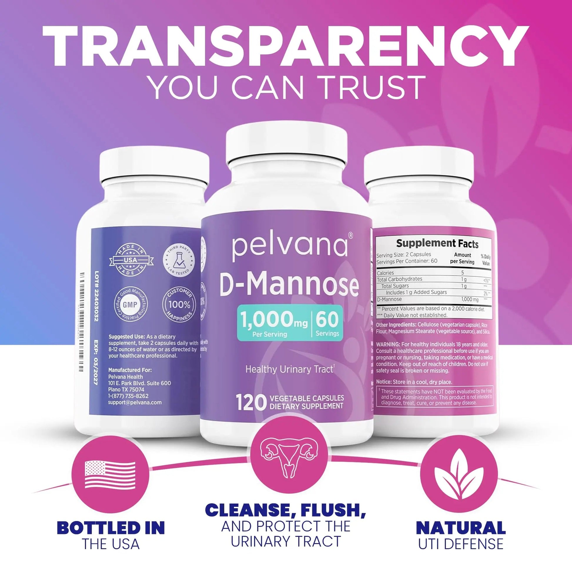 Pelvana D-Mannose UTI Kit for Women – UTI Test Strips & D-Mannose Supplement, At-Home Testing, Maintains Healthy Urinary Tract Balance, Flushes Impurities – 3 Bottles (120 Capsules) + 50 Test Strips PelvanaAu supplements