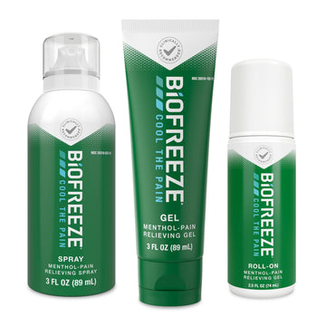 Biofreeze Spray, Gel, & Roll-On Pain Relief Variety Pack, Muscle Pain Relief, Arthritis Pain Reliver, Neck Pain Relief, Cooling Menthol Joint Pain Relief, 3 Fl Oz Spray, 3 Fl Oz Gel, 2.5 Fl Oz Roll On BiofreezeAu supplements