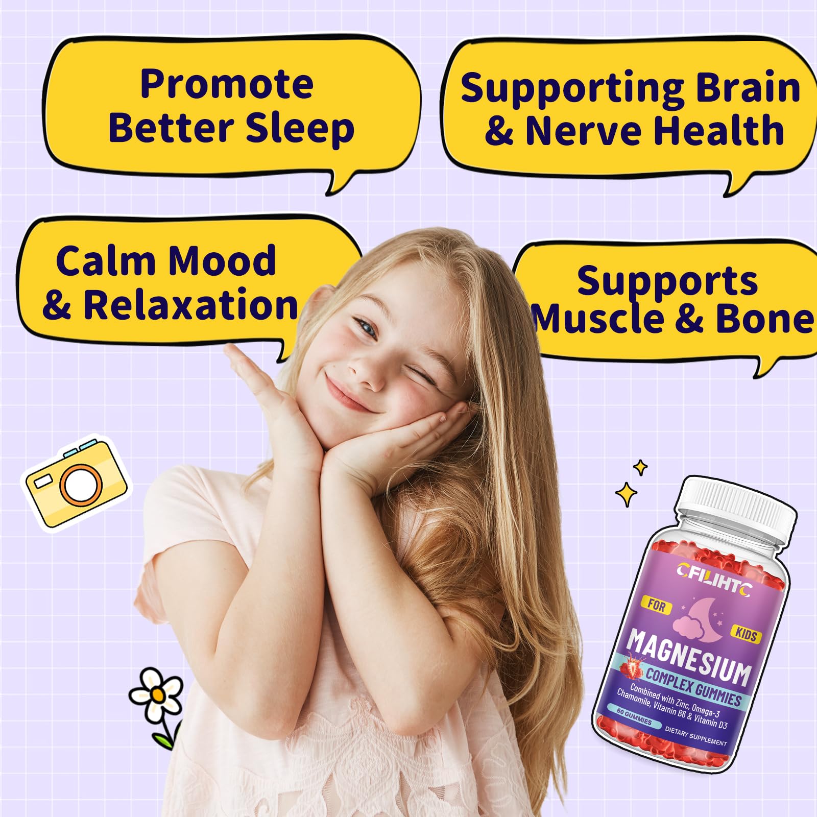 Kids Magnesium Gummies-Magnesium Glycinate Gummies for Kids Supplement-w/Zinc, Chamomile, Omega-3, Vitamin B6, D3 - for Sleep, Relaxation, Brain, Bones, Children's Calm, Sugar Free Strawberry 60ct CFILIHTCAu supplements