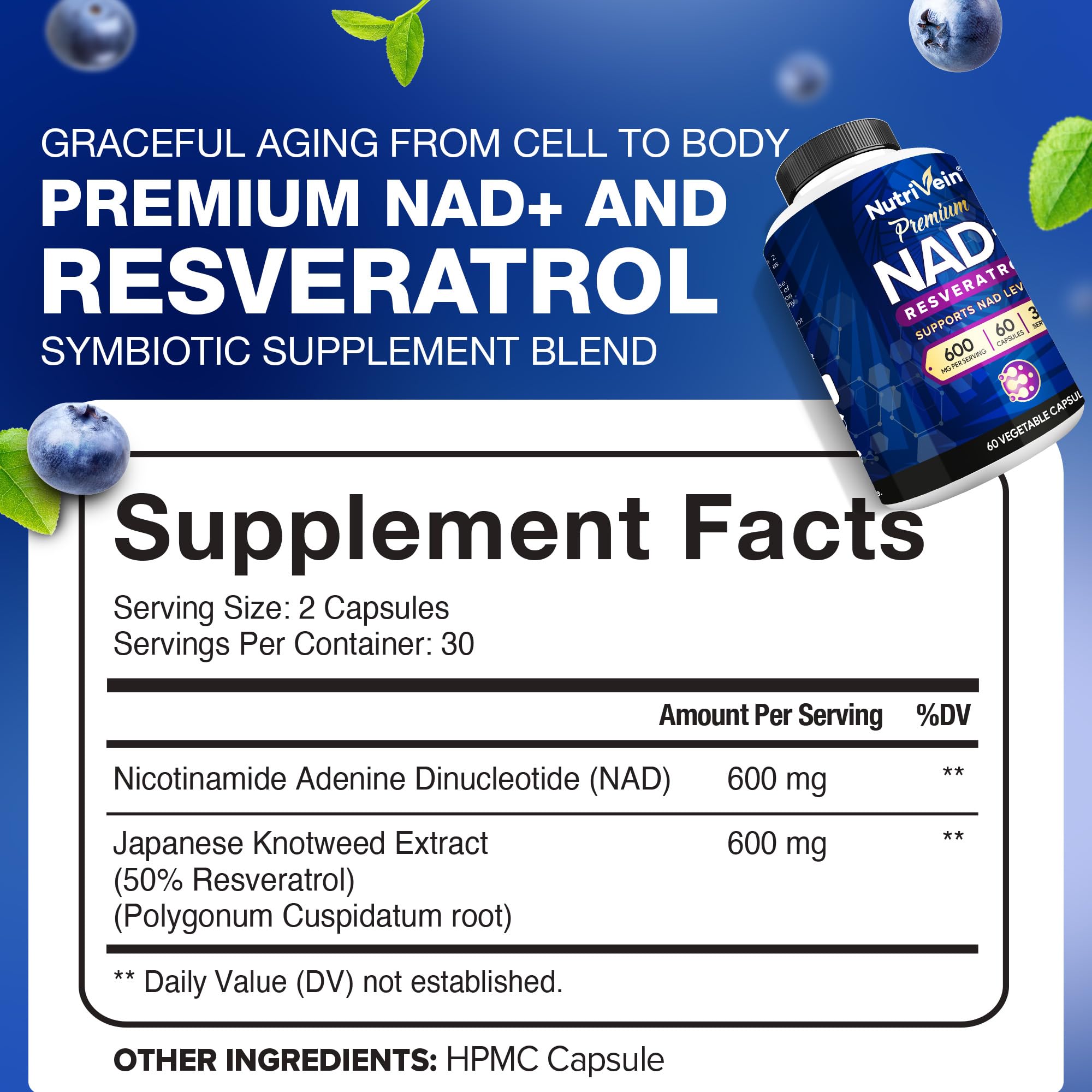 Nutrivein Premium NAD + Resveratrol Supplement 600 mg - 30 Servings (60 Capsules): Powerful Synergistic NAD Resveratrol Supplement - Aging, Cognition, Metabolism, & Overall Well-Being NutriveinAu supplements