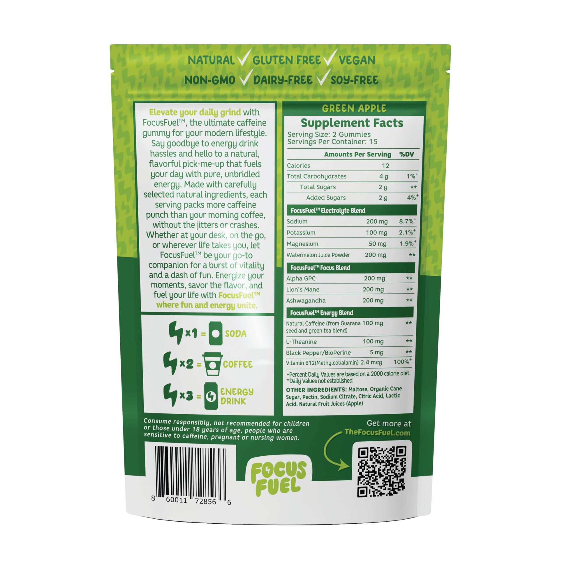 FocusFuel Energy Chews – Green Apple Flavor (15 Servings) – 100mg Caffeine + B12, Magnesium, Alpha GPC – Boost Focus & Energy – No Crash or Jitters FocusFuelAu supplements
