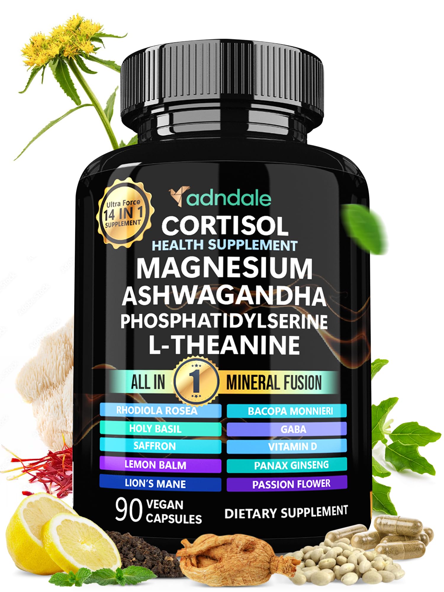 Adndale Cortisol Supplements for Women. Cortisol Reducer 14-in-1 Ashwagandha Supplement with Magnesium Glycinate, L-Theanine & More. 90 Capsules. AdndaleAu supplements