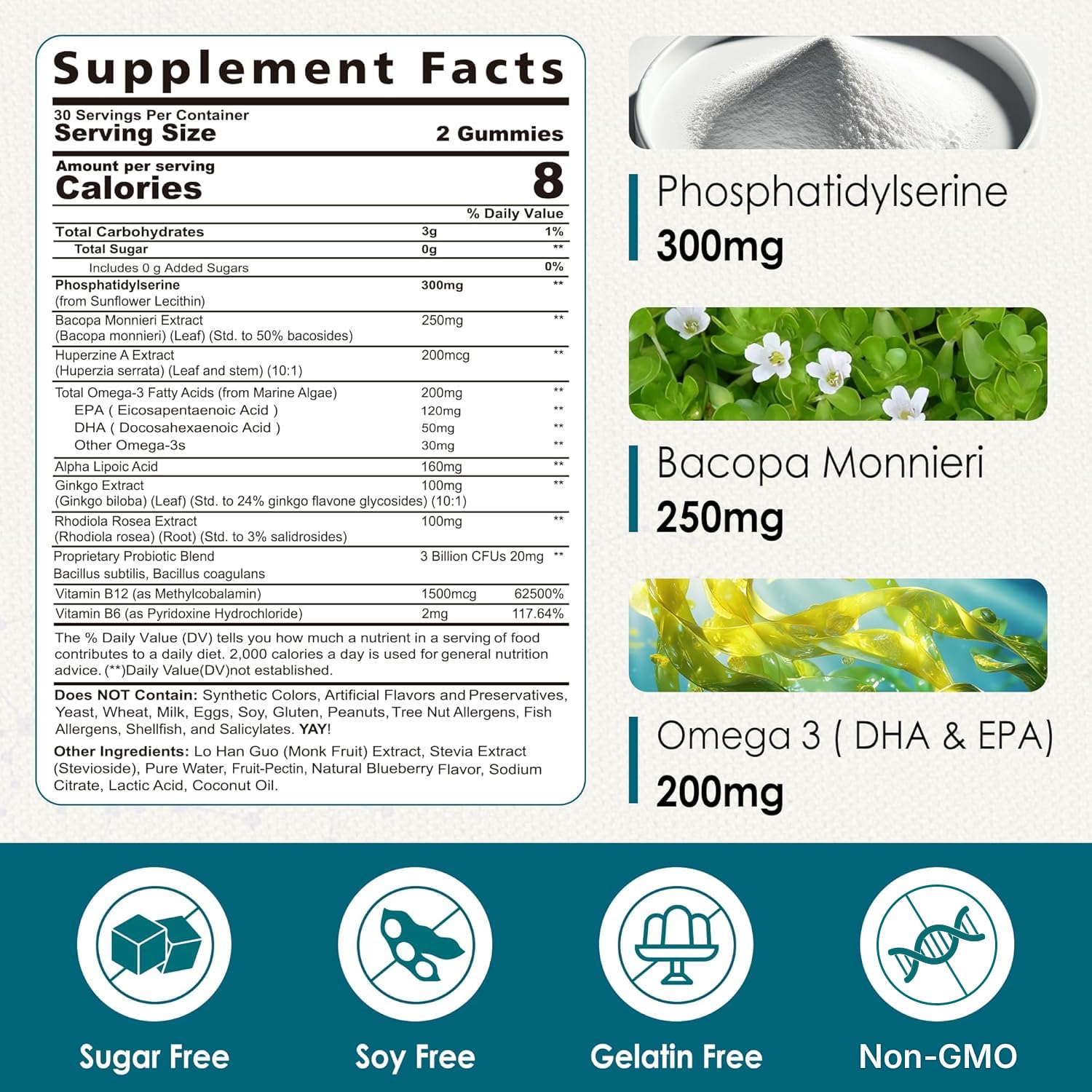 Phosphatidylserine - Nootropic Brian Supplement, Focus & Energy Gummies+ Bacopa Monnieri, Omega 3, Huperzine A, Methyl B12 & B6 for Seniors, Gamers, Workers, Non-GMO, Caffeine-Free, Sugar Free, 2 Pack NextdiaAu supplements