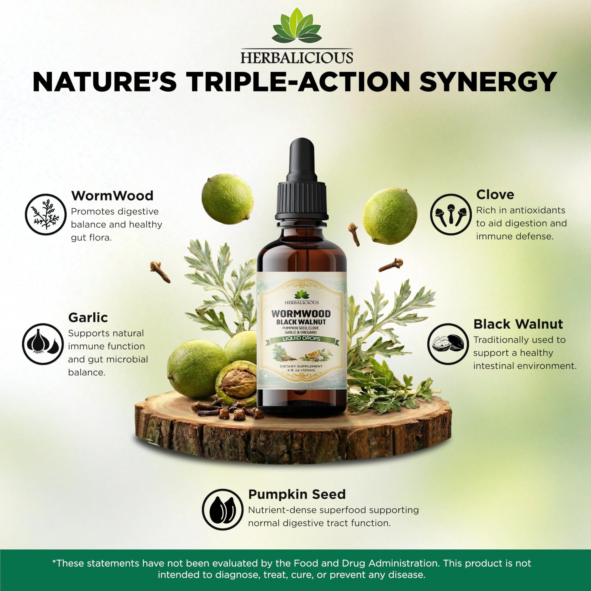 HEBRALICIOUS Wormwood Black Walnut Liquid Drops – Herbal Blend with Pumpkin Seed, Clove, Garlic & Oregano Oil – Alcohol Free Herbal Tincture – Liquid Dietary Supplement, 4 fl oz (120ml) HERBALICIOUSAu supplements