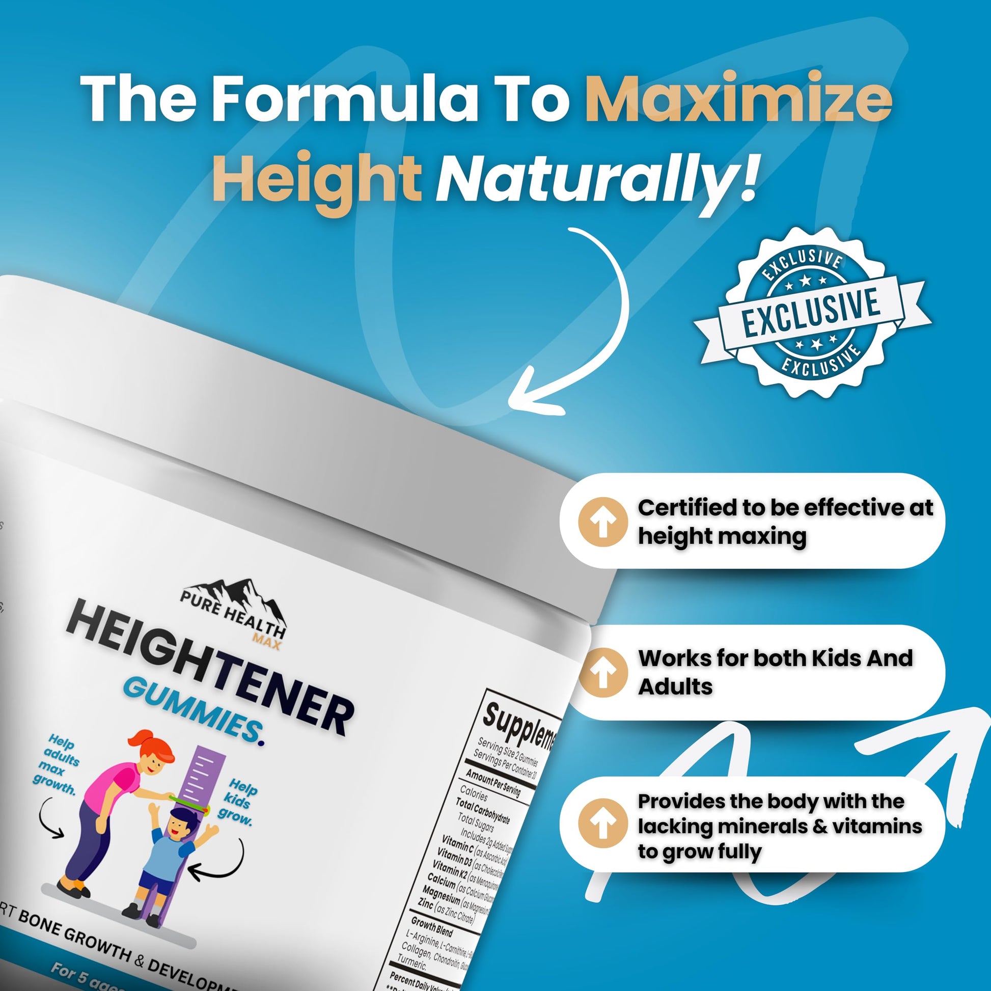Heightener Gummies - Natural Height Growth Supplement for Kids, Teens and Adults to Increase Bone Strength and Grow Tall | Height Maximizer Pills with L-Arginine, Calcium & Zinc | 60 Gummy PURE HEALTH MAXAu supplements