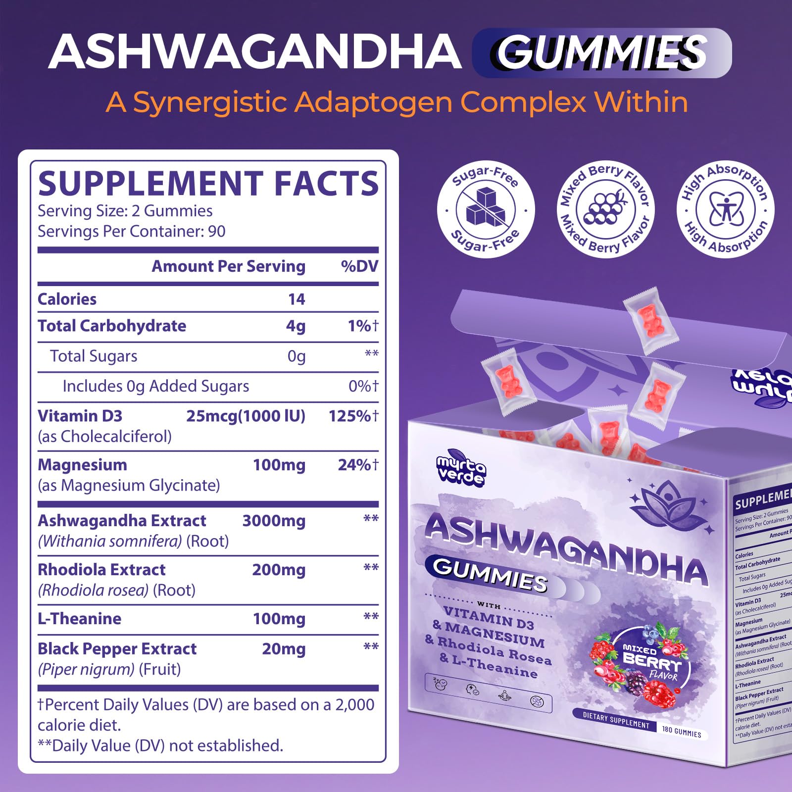 3000mg Ashwagandha Gummies for Women & Men, 180 Count | Extra Strength Ashwagandha Supplement for Stress, Relaxation & Immune Support | Magnesium, Rhodiola, L-Theanine, D3 | Sugar Free Mixed Berry MyrtaverdeAu supplements