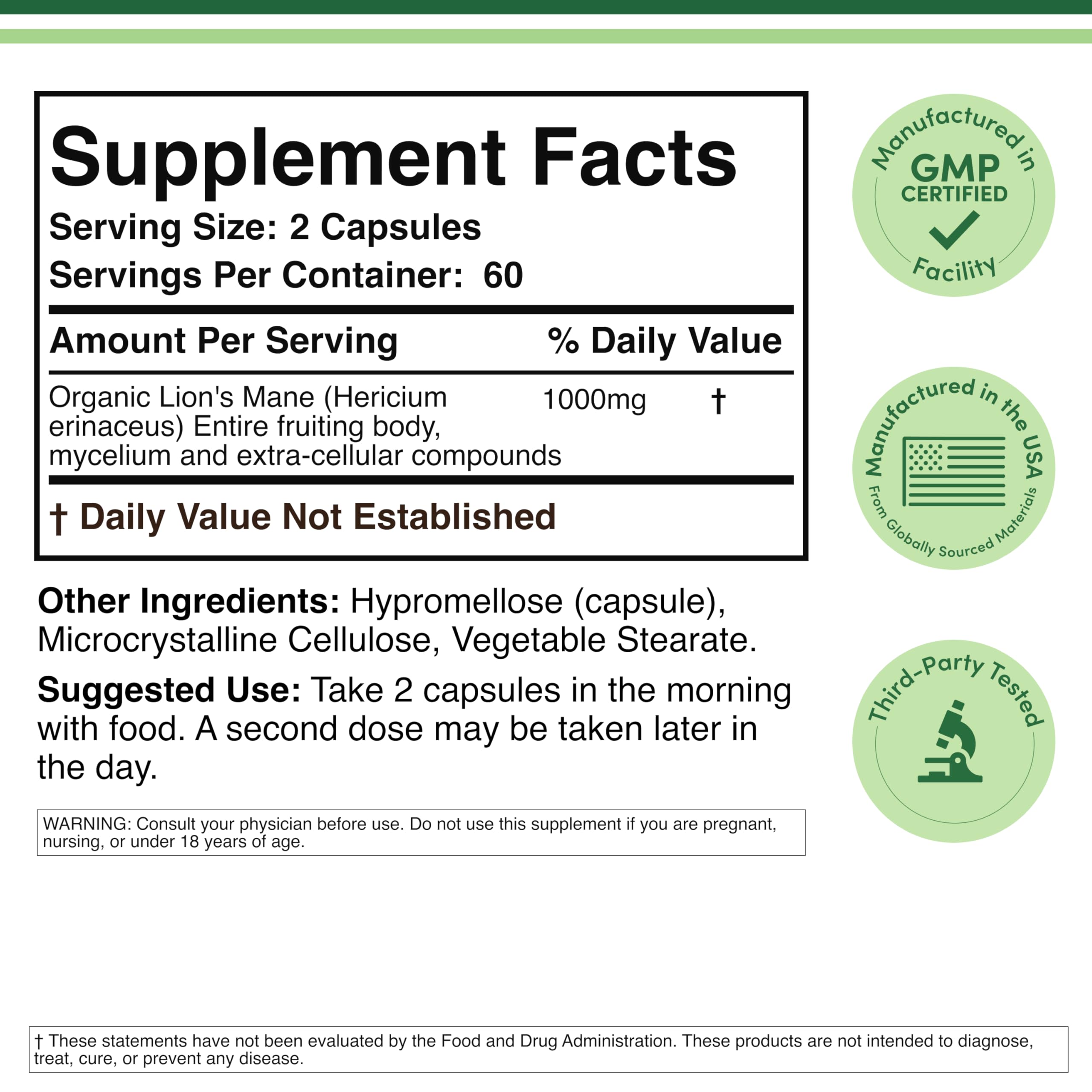 Organic Lions Mane Mushroom Capsules (120 Count), for Focus Support and Immune Health, Third Party Tested and Grown in The USA - by Double Wood Double Wood SupplementsAu supplements