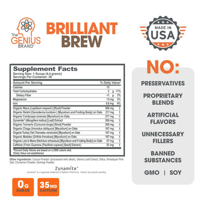 The Genius Brand Genius Brilliant Brew - Natural Coffee Substitute for Clear Thinking, Energy & Immune Support - No Crash or Jitters - Powered by Nootropics - Non-GMO - 30 Servings - Sweet Cocoa The Genius BrandUS supplements