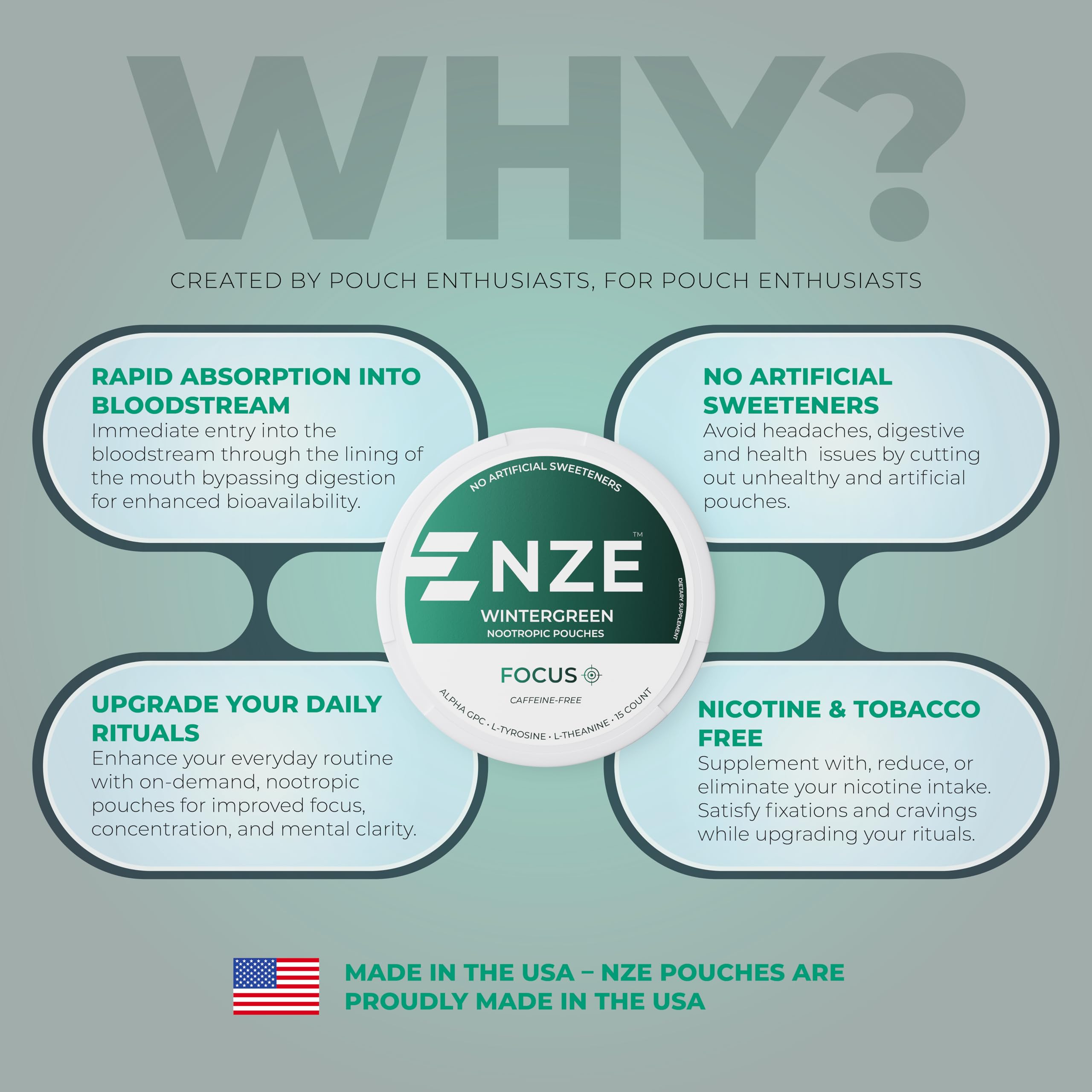 NZE Caffeine Free Nootropic Pouches (Wintergreen) - Nootropic Pouches with Alpha GPC, L-Tyrosine & L-Theanine - No Sugar or Artificial Sweeteners - 15 Pouches Per Can - 5 Pack NZEAu supplements