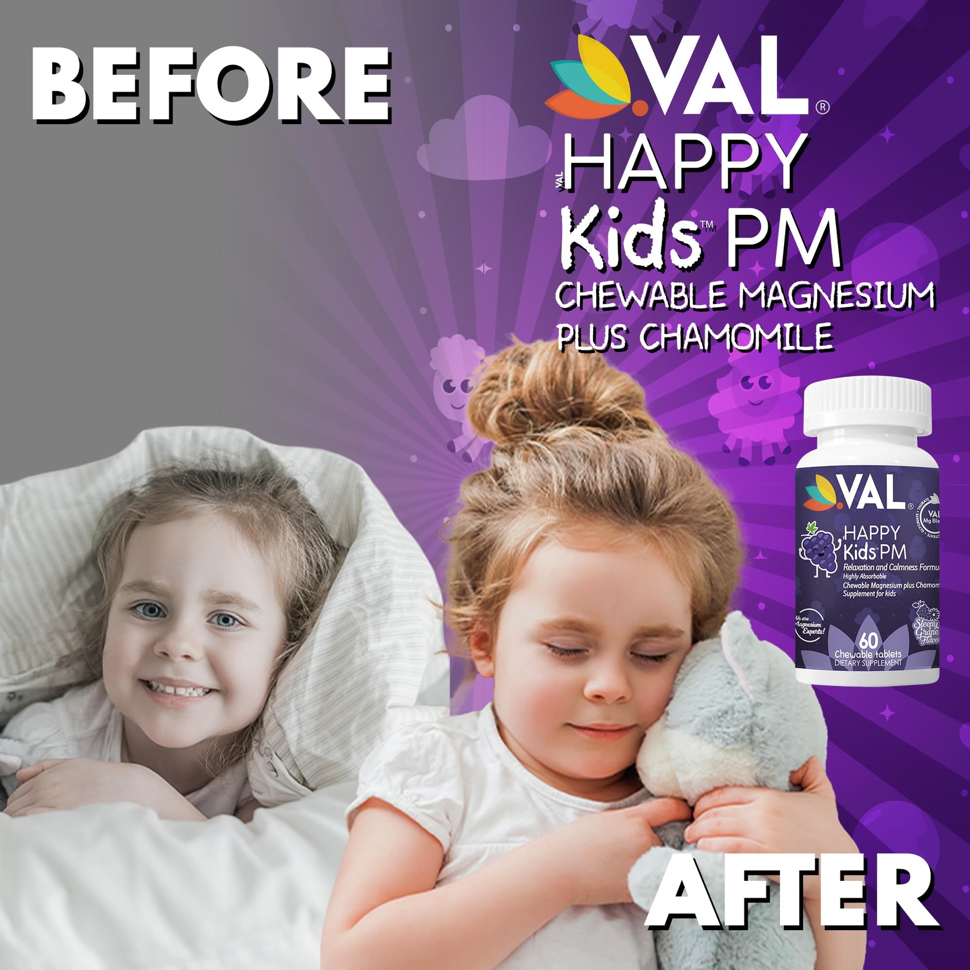 VAL Kids PM Magnesium Gummies | Sugar-Free Chewable Tablets with Chamomile, Magnesium Glycinate + Citrate + Taurate | Vitamin B6 & C | Natural Grape Flavor | Sleep & Calm Support | 60 Ct | Ages 4+ VALAu supplements
