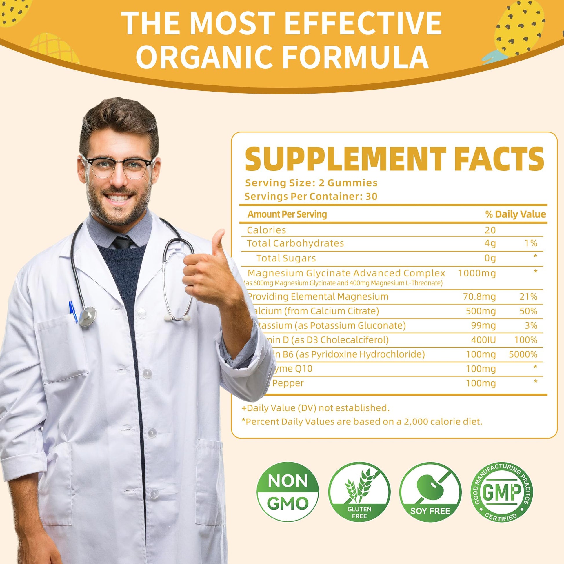 Magnesium Glycinate Gummies 1000mg - Sugar Free Magnesium Potassium Supplement with Vitamin D, B6, CoQ10 for Calm Mood & Sleep Support - 60 Pineapple Gummies -1 Pack Natures AidAu supplements