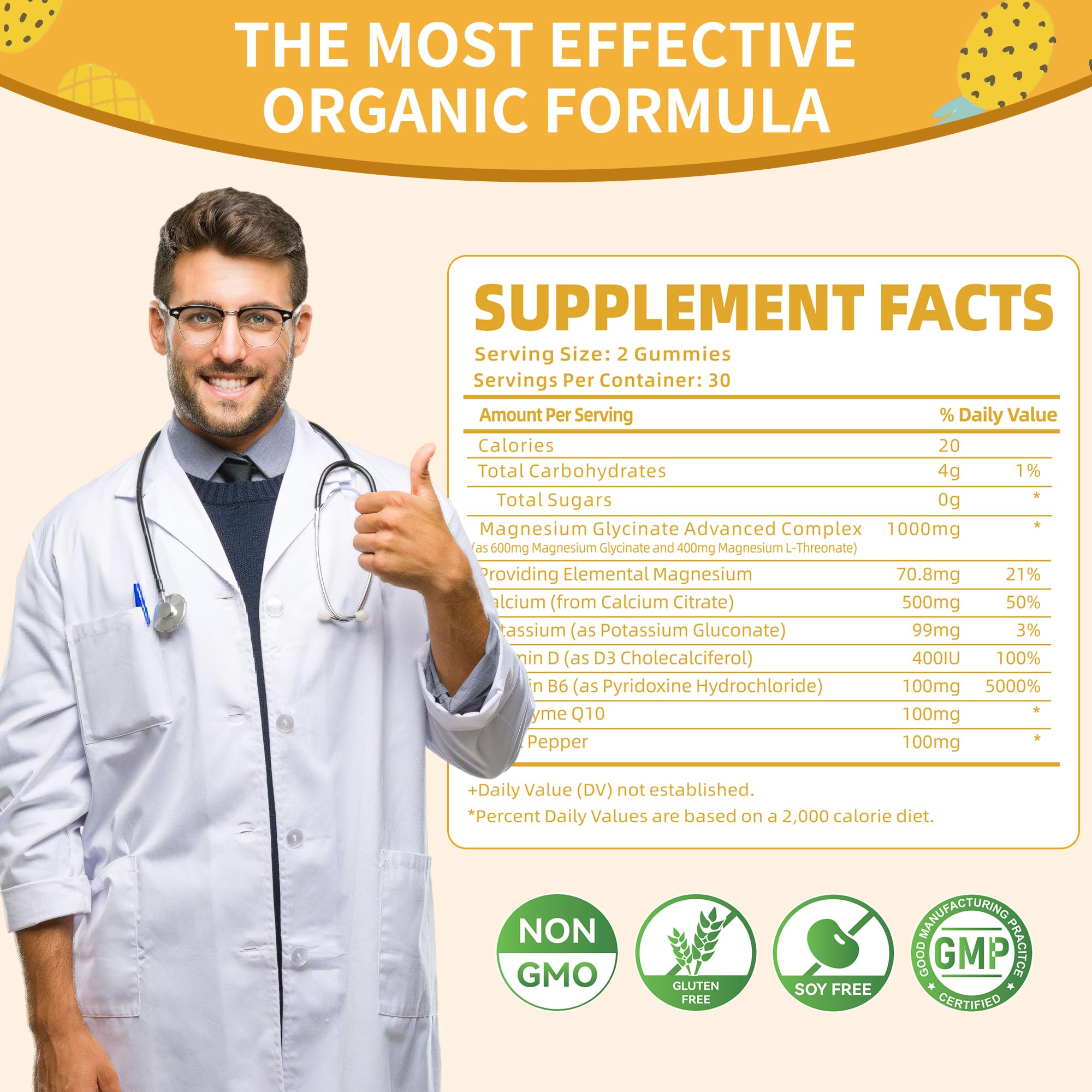 Magnesium Glycinate Gummies 1000mg - Sugar Free Magnesium Potassium Supplement with Vitamin D, B6, CoQ10 for Calm Mood & Sleep Support - 60 Pineapple Gummies -1 Pack Natures AidAu supplements