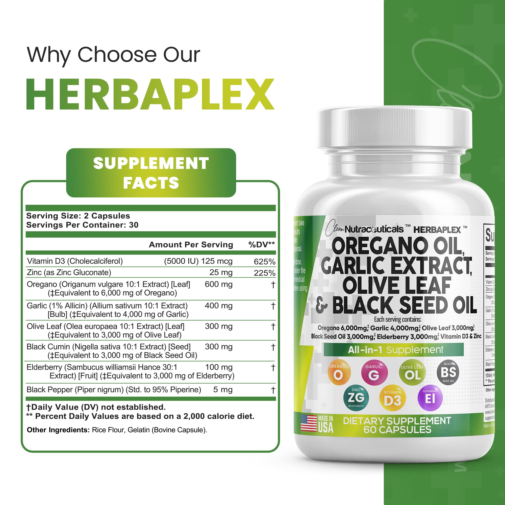 Oregano Oil 6000mg Garlic Extract 4000mg Olive Leaf 3000mg Black Seed Clean NutraceuticalsUS supplements