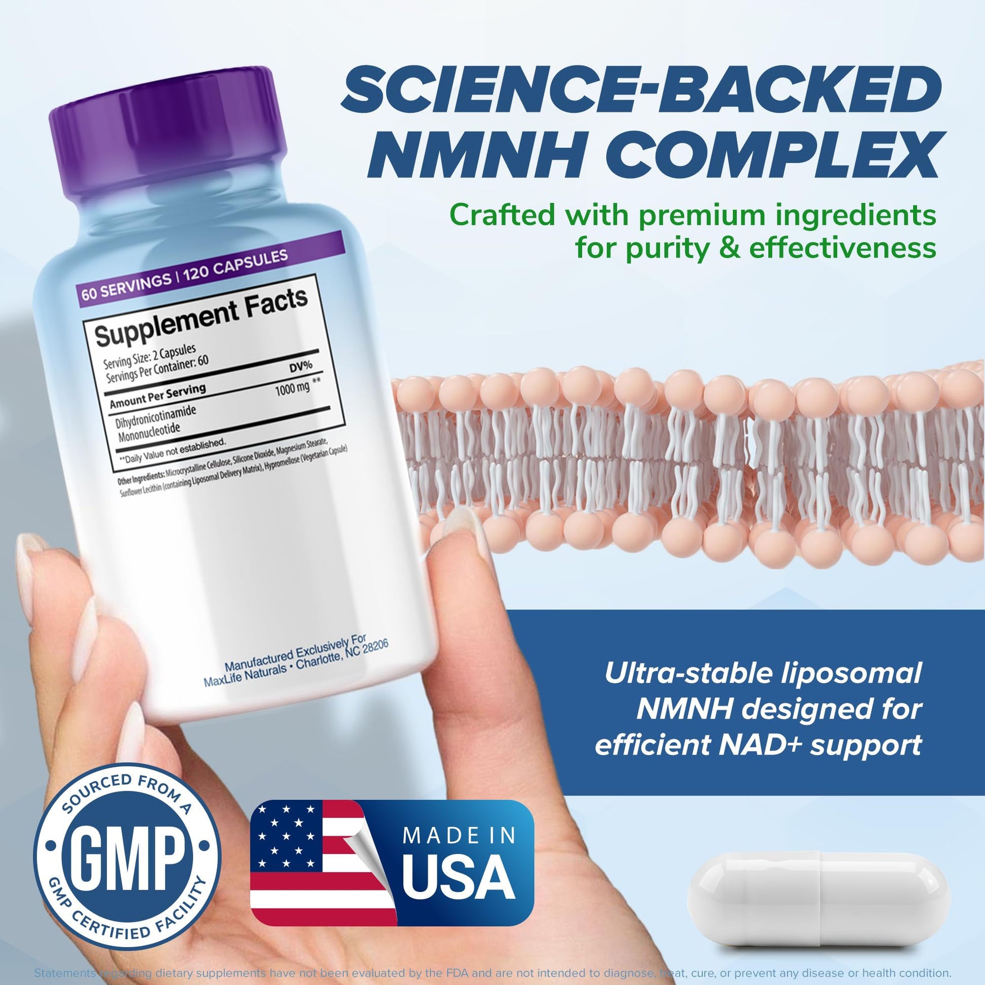 Liposomal NMNH 1000mg - 120 Capsules, Dihydronicotinamide Mononucleotide NAD+ Precursor - Ultra-Absorbable NAD Plus Complex, Liposomal NMN Supplements Capsules for Aging Support & Cellular Energy MAXLIFE NATURALSAu supplements