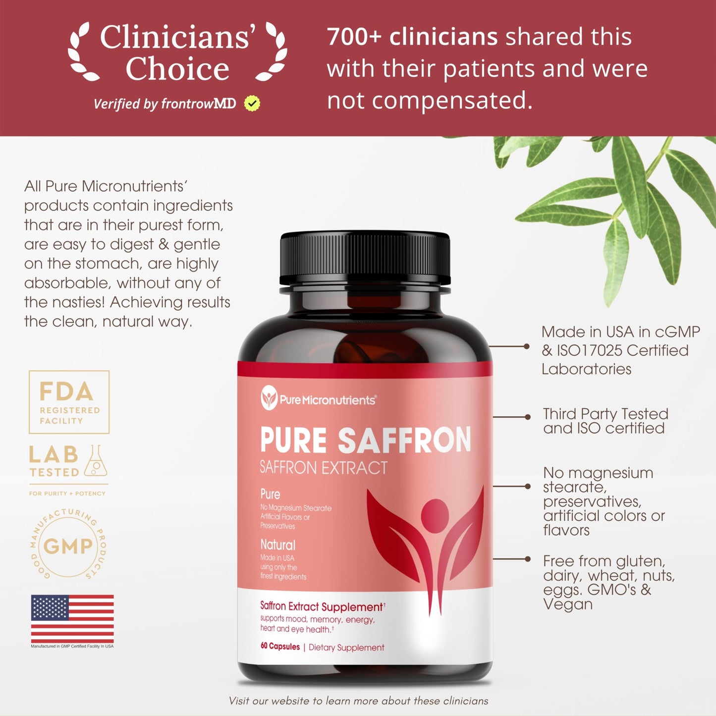 Saffron Supplements - 100% Pure Saffron Extract Capsules - Boost Energy & Mood, Support Eye & Heart Health Pure MicronutrientsUS supplements
