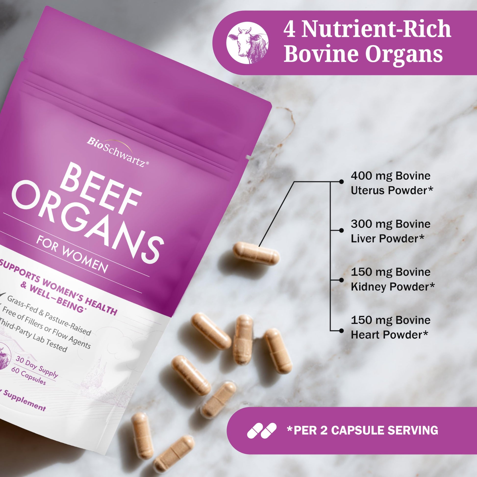 BioSchwartz Primal Beef Organ Supplement for Women - 60 Capsules - Grass-Fed & Pasture-Raised - Supports Healthy Hair Skin and Nails, Hormone Balance - with Bovine Liver, Kidney, Heart, Uterus Powder BioSchwartzAu supplements